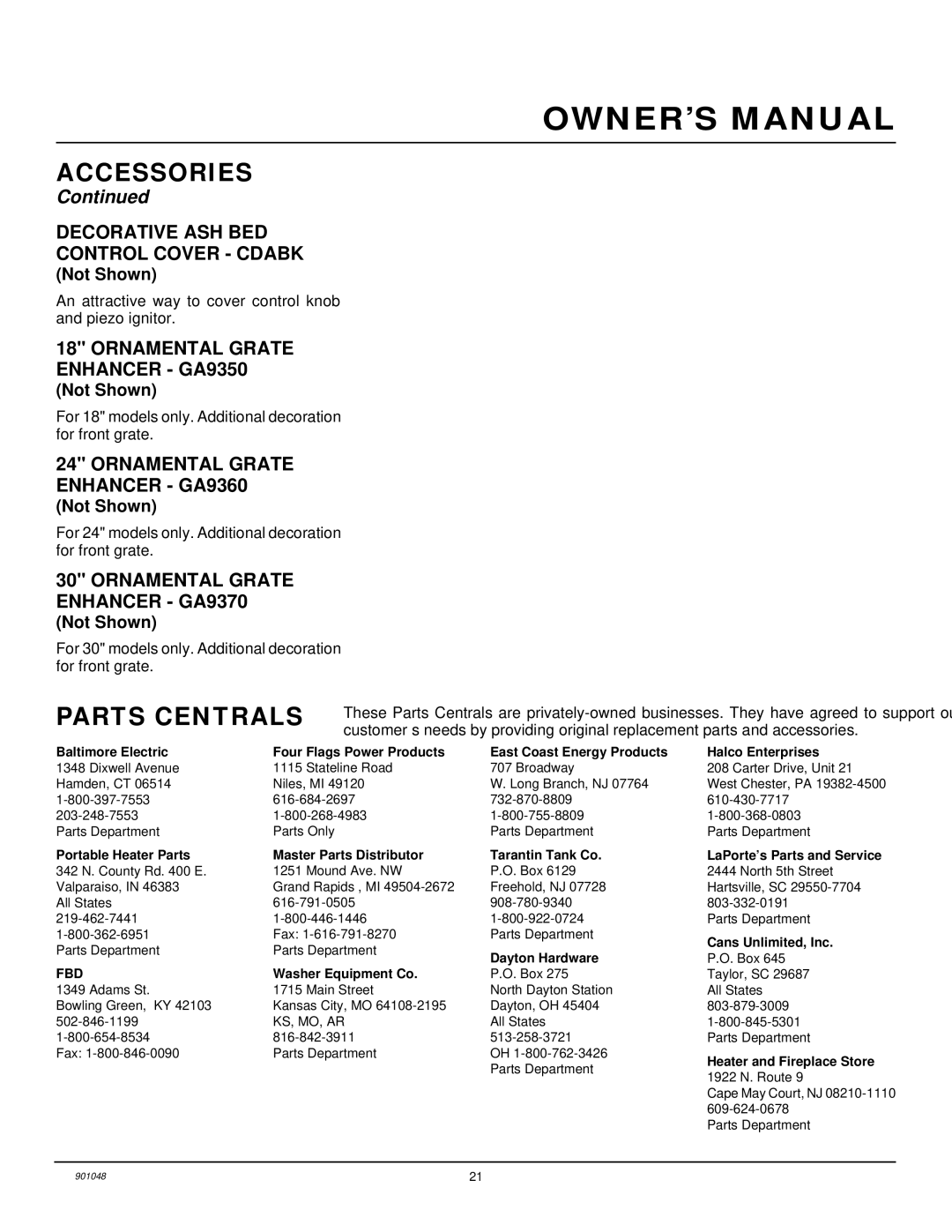 Desa CPVSR18, CVDR24, CVSR18 Parts Centrals, Decorative ASH BED Control Cover Cdabk, Ornamental Grate Enhancer GA9350 