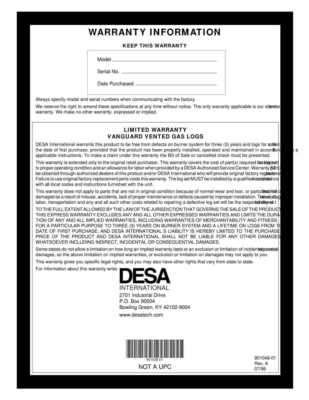 Desa CVSR24, CPVSR18, CVDR24, CVSR18, CPVSR24, CVDR18, and CVDR30 installation manual Warranty Information, International 