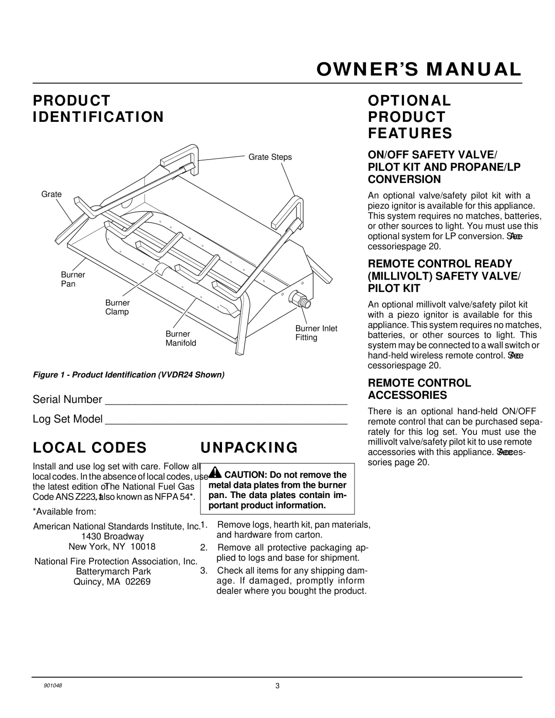 Desa CVSR24, CPVSR18 Product Identification Optional Product Features, Local Codes Unpacking, Remote Control Accessories 