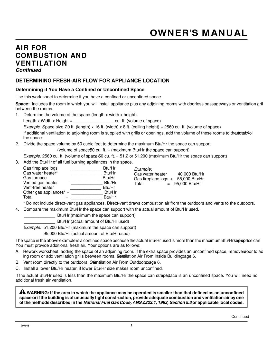 Desa CVDR18, CPVSR18, CVDR24, CVSR18 AIR for Combustion Ventilation, Determining FRESH-AIR Flow for Appliance Location 