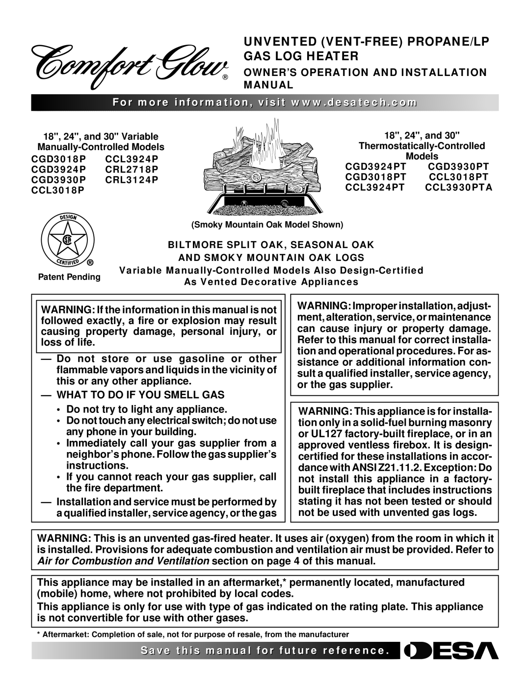 Desa CRL3124P, CRL2718P installation manual OWNER’S Operation and Installation Manual, What to do if YOU Smell GAS 