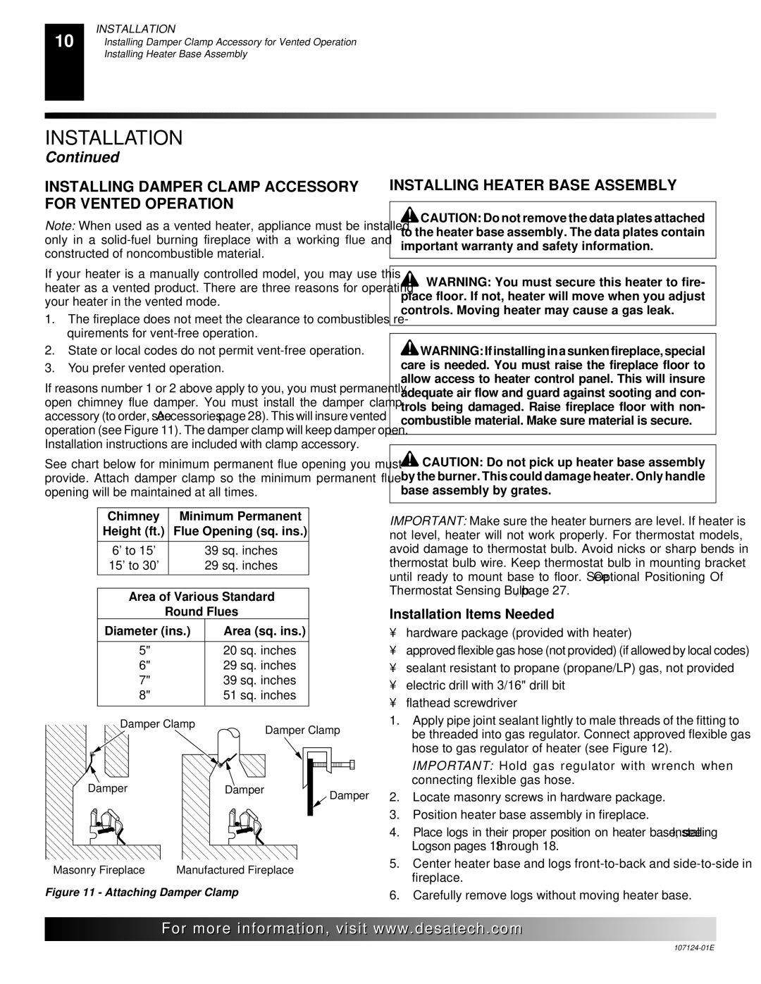 Desa CCL3018PT, CRL2718P, CRL3124P Installing Damper Clamp Accessory for Vented Operation, Installing Heater Base Assembly 