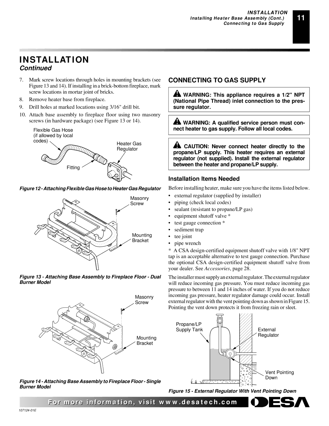 Desa CGD3924PT, CRL2718P, CRL3124P, CCL3018P Connecting to GAS Supply, Attaching Flexible Gas Hose to Heater Gas Regulator 