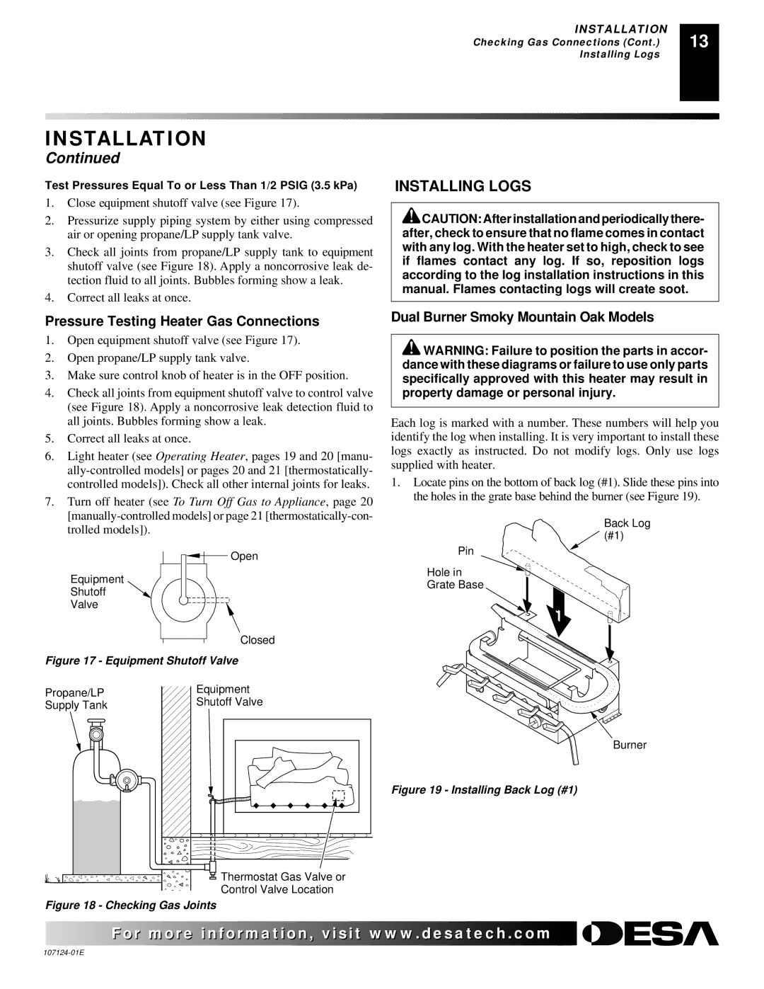 Desa CRL3124P, CRL2718P Installing Logs, Pressure Testing Heater Gas Connections, Dual Burner Smoky Mountain Oak Models 