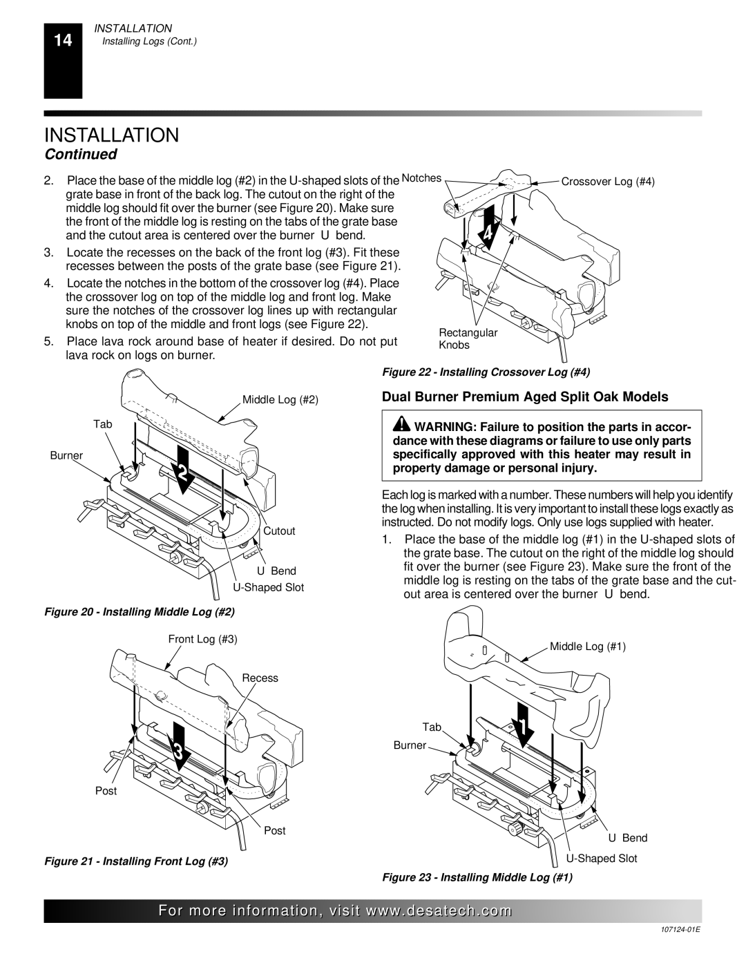 Desa CCL3018P, CRL2718P, CRL3124P, CGD3924P, CGD3018PT Dual Burner Premium Aged Split Oak Models, Installing Middle Log #2 