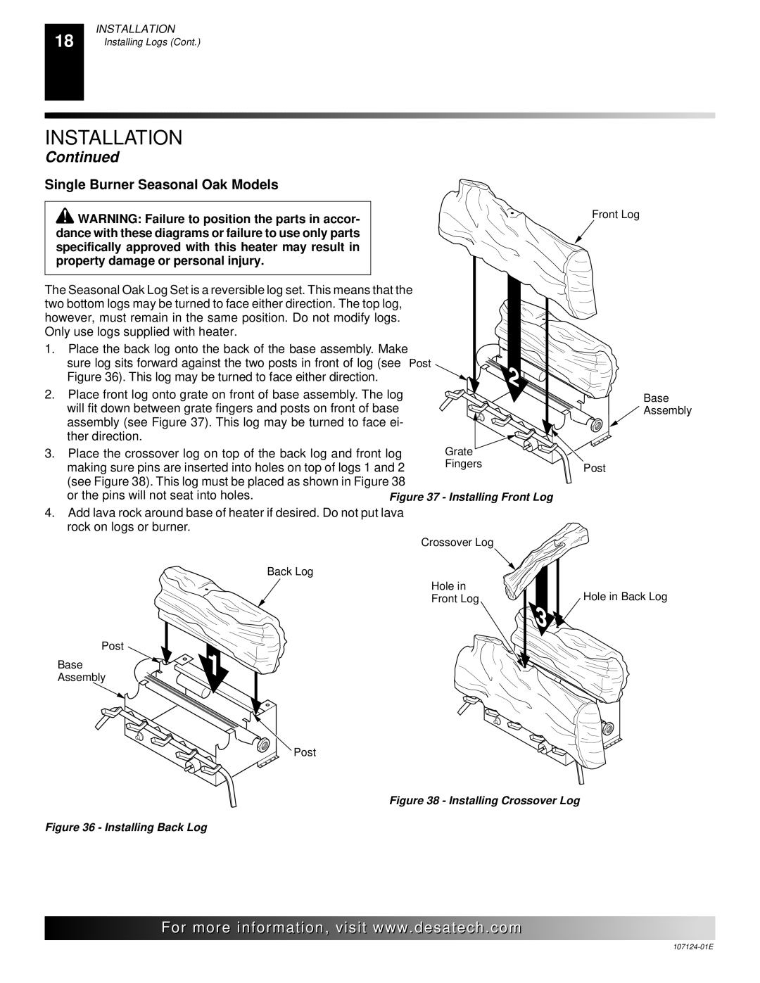 Desa CCL3924PT, CRL2718P, CRL3124P, CCL3018P, CGD3924P, CGD3018PT Single Burner Seasonal Oak Models, Installing Front Log 