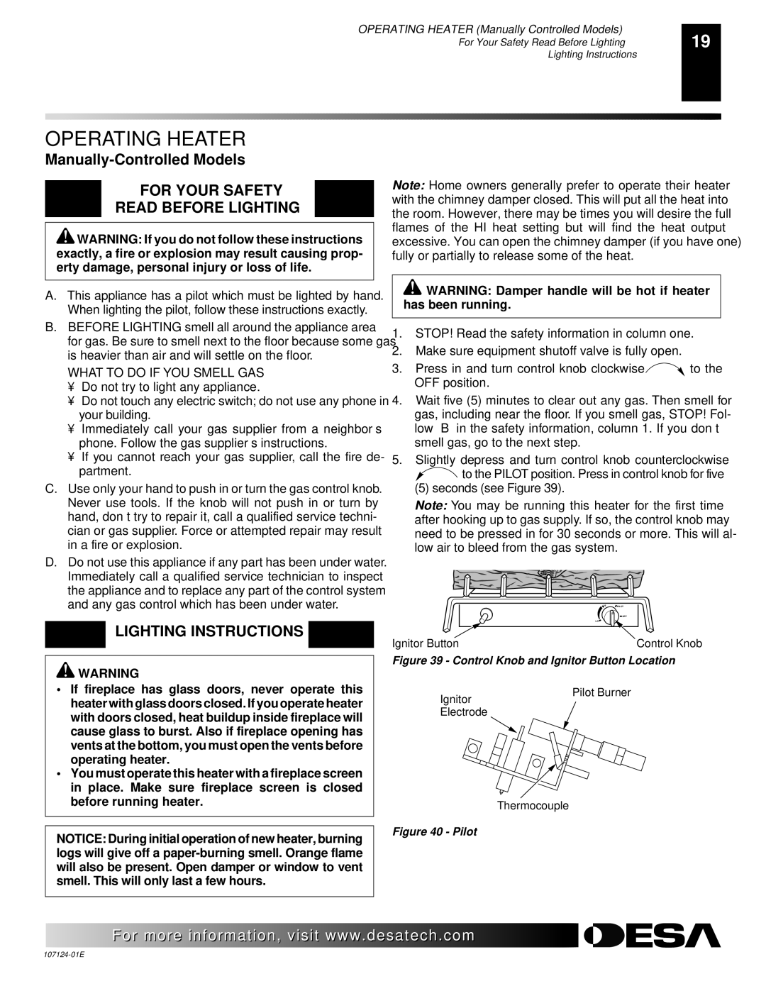 Desa CCL3924P, CRL2718P, CRL3124P, CCL3018P Operating Heater, For Your Safety Read Before Lighting, Lighting Instructions 