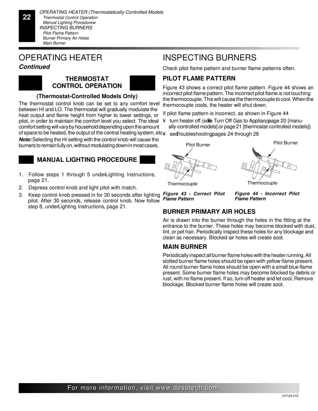 Desa CCL3018PT, CRL2718P Inspecting Burners, Thermostat Control Operation, Pilot Flame Pattern, Burner Primary AIR Holes 