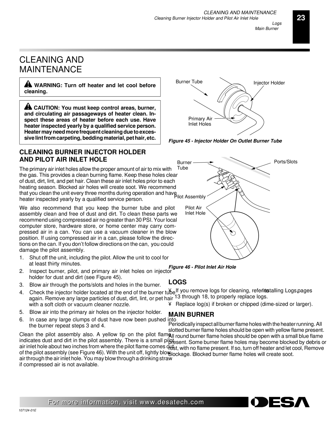 Desa CGD3924PT, CRL2718P, CRL3124P Cleaning Maintenance, Cleaning Burner Injector Holder and Pilot AIR Inlet Hole, Logs 
