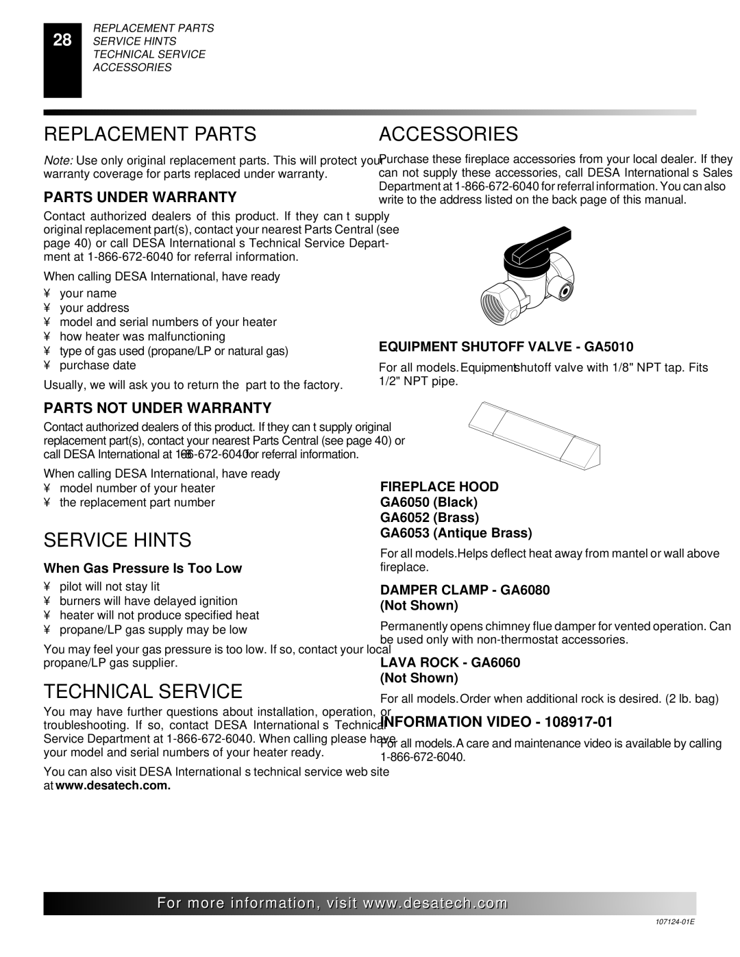 Desa CGD3018PT, CRL2718P, CRL3124P, CCL3018P, CGD3924P Replacement Parts, Accessories, Service Hints, Technical Service 