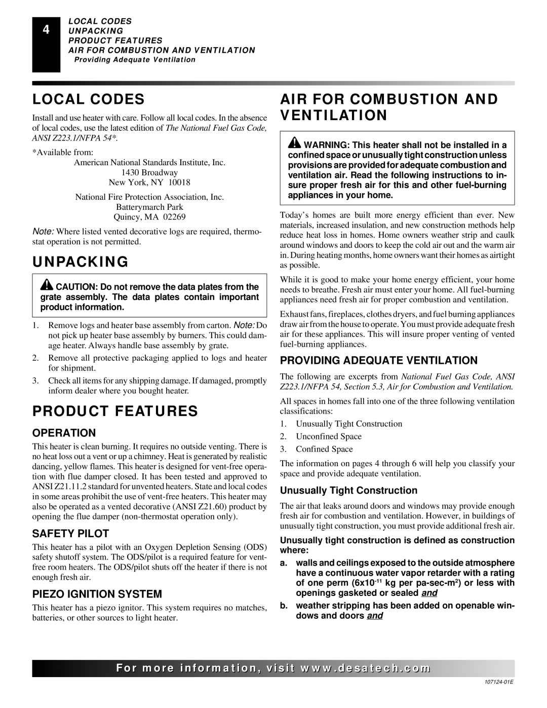 Desa CGD3018PT, CRL2718P, CRL3124P, CCL3018P Local Codes, Unpacking, Product Features AIR for Combustion and Ventilation 