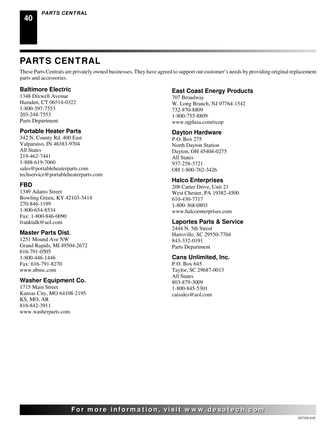 Desa CGD3018PT, CRL2718P, CRL3124P, CCL3930PTA, CCL3924PT, CGD3930PT, CCL3018PT, CGD3924PT installation manual Parts Central 