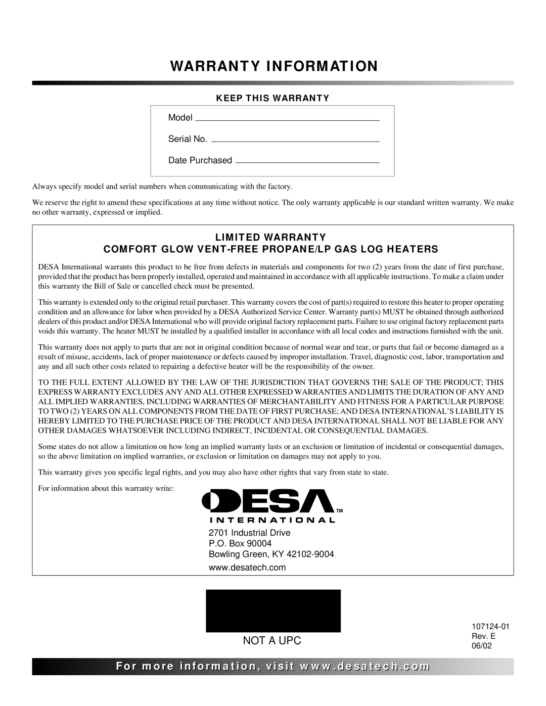 Desa CGD3930PT, CRL2718P, CRL3124P, CCL3018P, CGD3924P, CGD3018PT, CCL3930PTA, CCL3924P Warranty Information, Keep this Warranty 