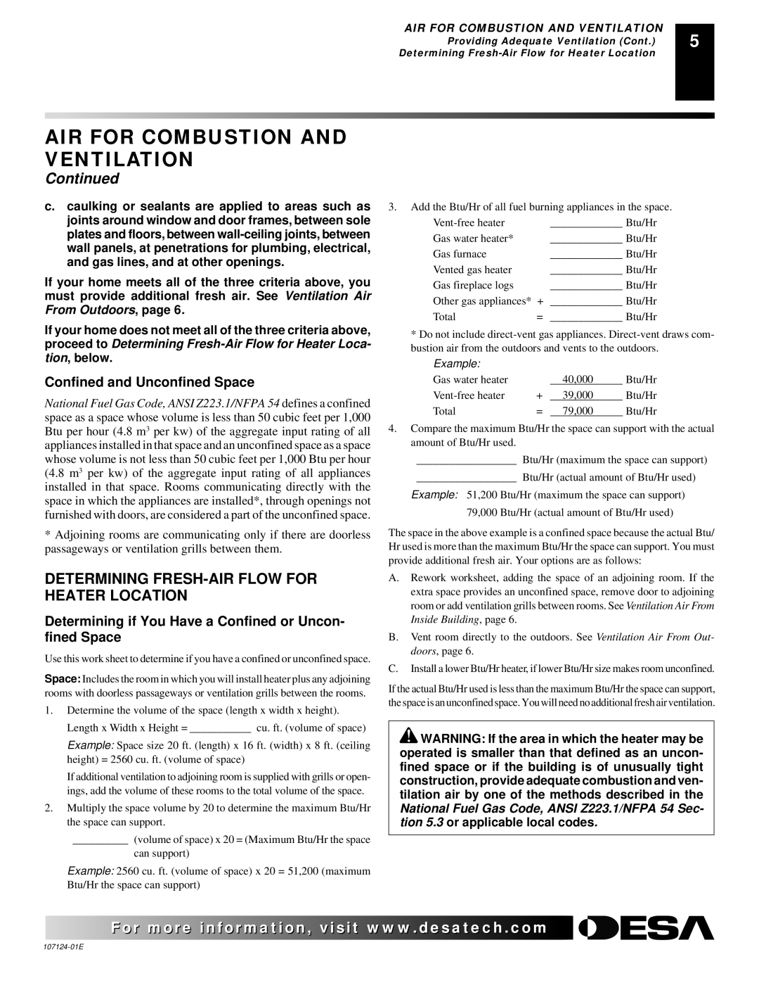 Desa CCL3930PTA, CRL2718P, CRL3124P, CCL3018P Determining FRESH-AIR Flow for Heater Location, Confined and Unconfined Space 