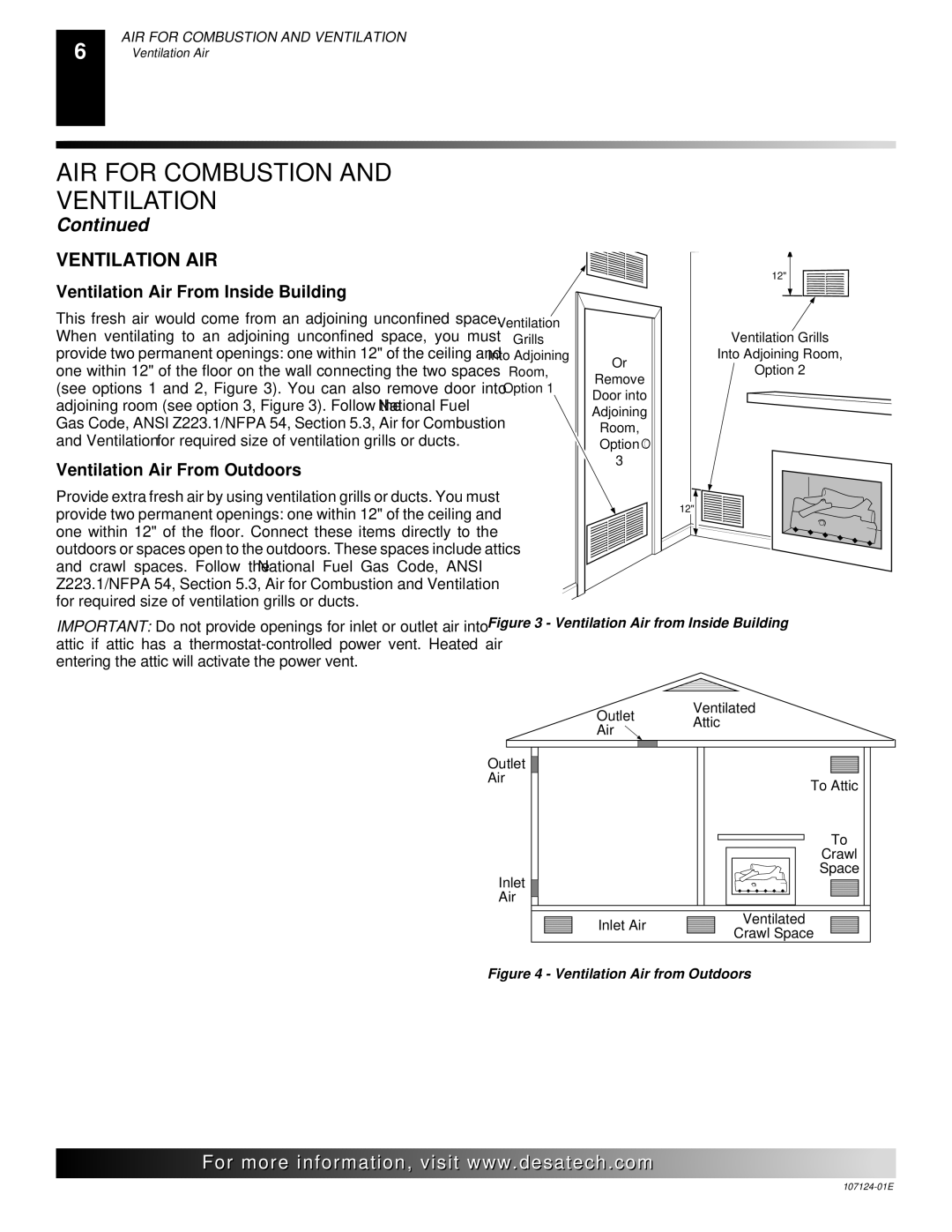 Desa CCL3924PT, CRL2718P, CRL3124P Ventilation AIR, Ventilation Air From Inside Building, Ventilation Air From Outdoors 