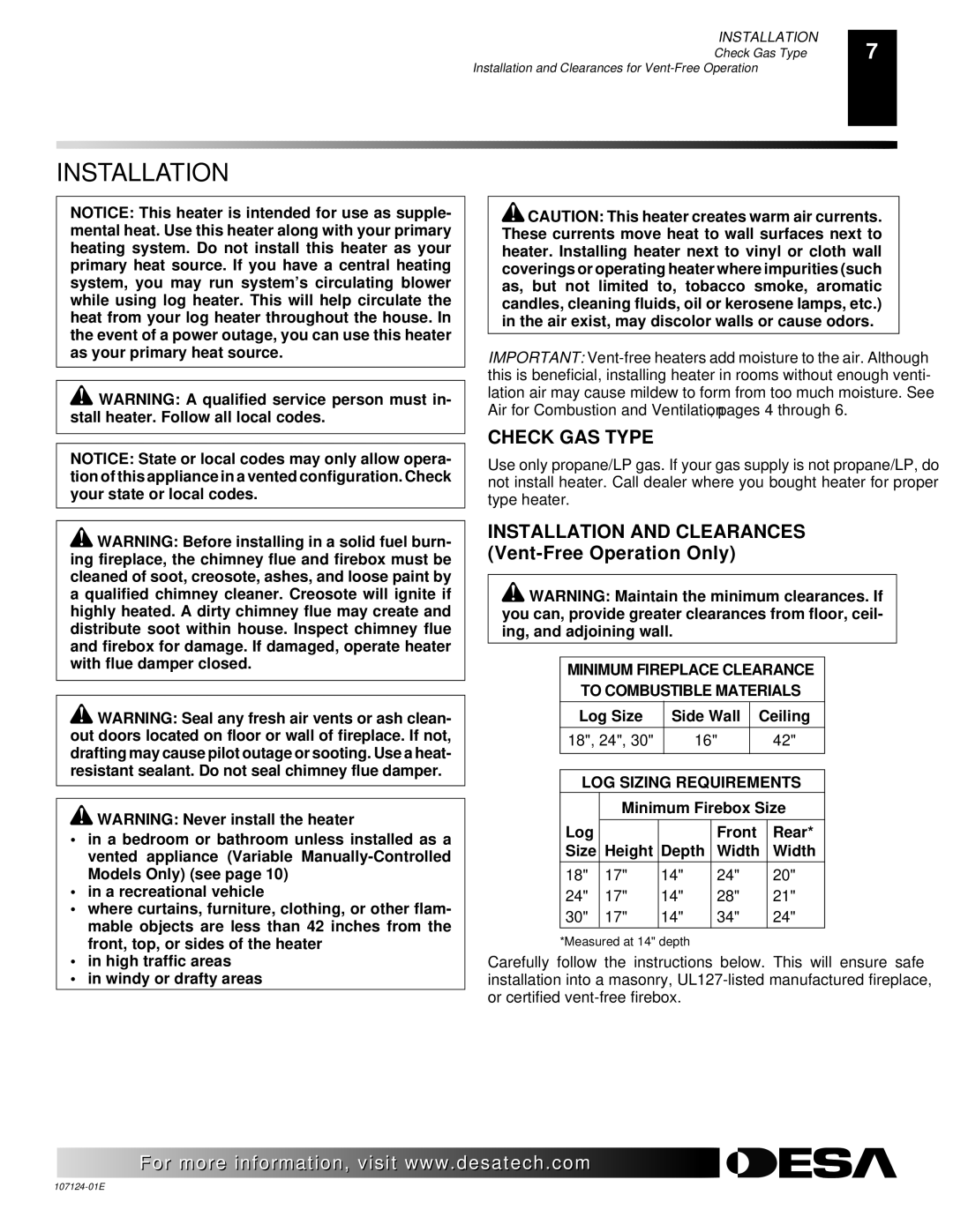 Desa CRL2718P, CRL3124P, CCL3018P, CGD3924P, CGD3018PT, CCL3930PTA, CCL3924PT, CGD3930PT Installation, Check GAS Type 