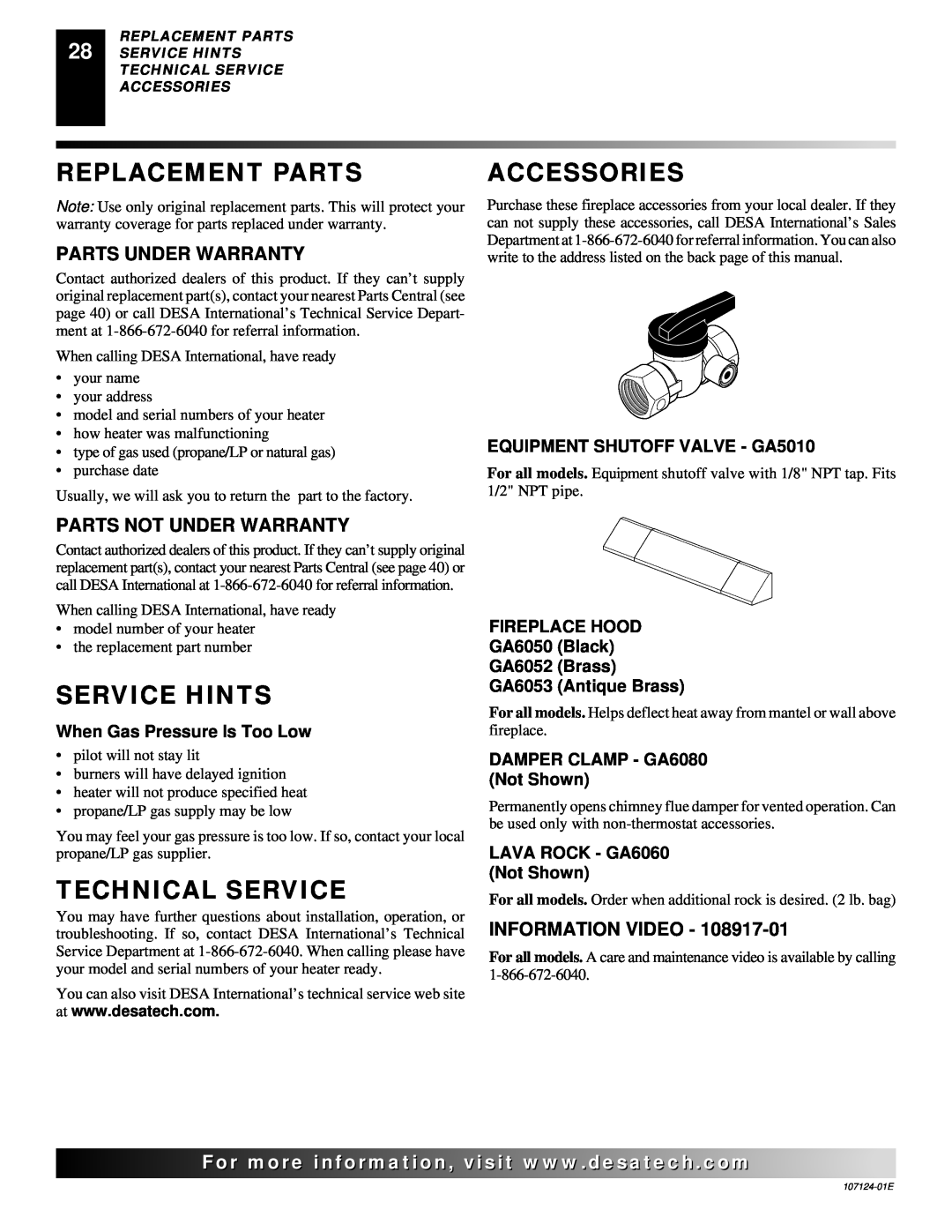 Desa CGD3018PT Replacement Parts, Accessories, Service Hints, Technical Service, Parts Under Warranty, Information Video 