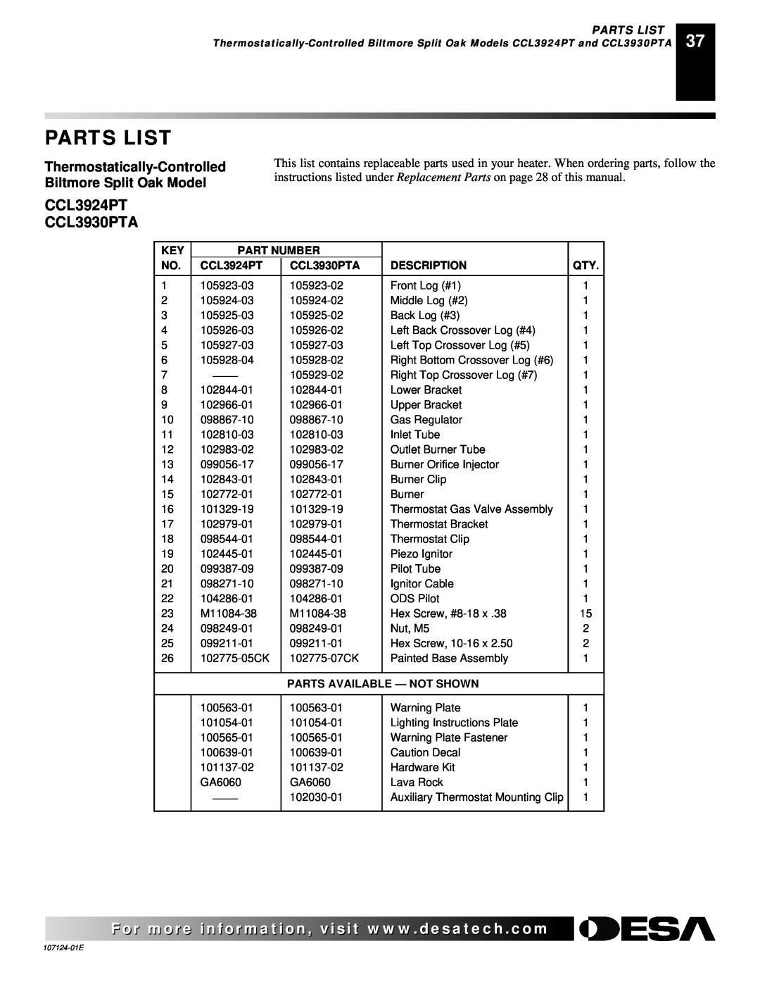 Desa CRL3124P Parts List, CCL3924PT CCL3930PTA, Thermostatically-Controlled, Biltmore Split Oak Model, Part Number 