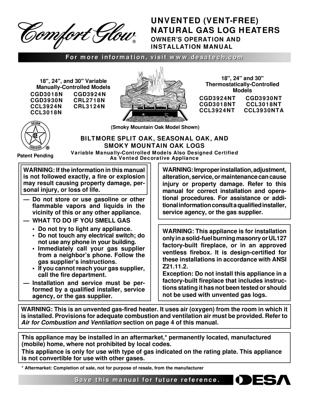 Desa CRL2718N installation manual Unvented VENT-FREE Natural GAS LOG Heaters, OWNER’S Operation Installation Manual 