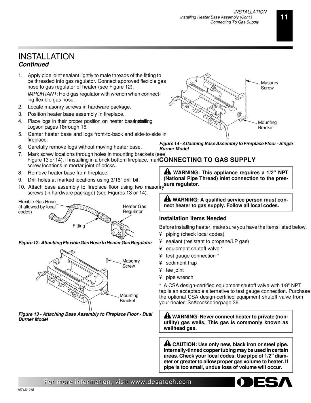 Desa CGD3924NT, CRL3124N, CRL2718N, CCL3018NT Connecting to GAS Supply, Attaching Flexible Gas Hose to Heater Gas Regulator 