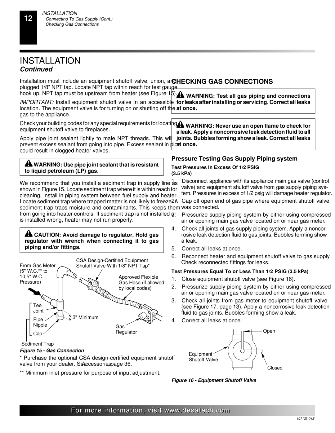 Desa CGD3018NT, CRL3124N, CRL2718N, CCL3018NT, CGD3924NT Checking GAS Connections, Pressure Testing Gas Supply Piping system 