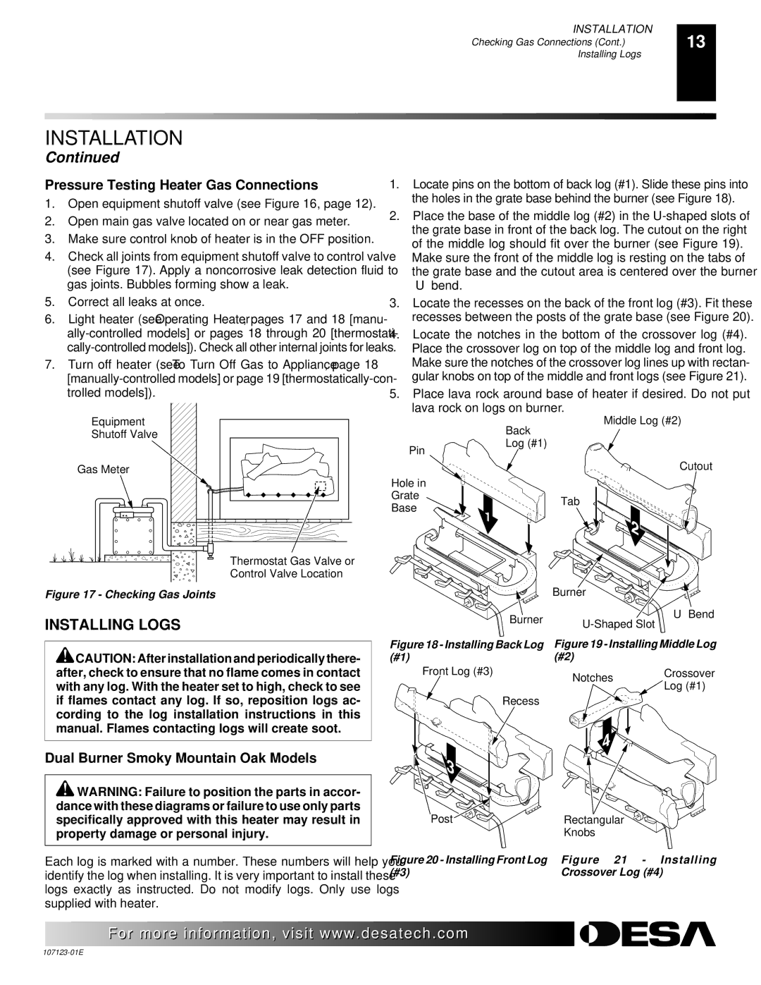 Desa CCL3924N, CRL3124N Installing Logs, Pressure Testing Heater Gas Connections, Dual Burner Smoky Mountain Oak Models 