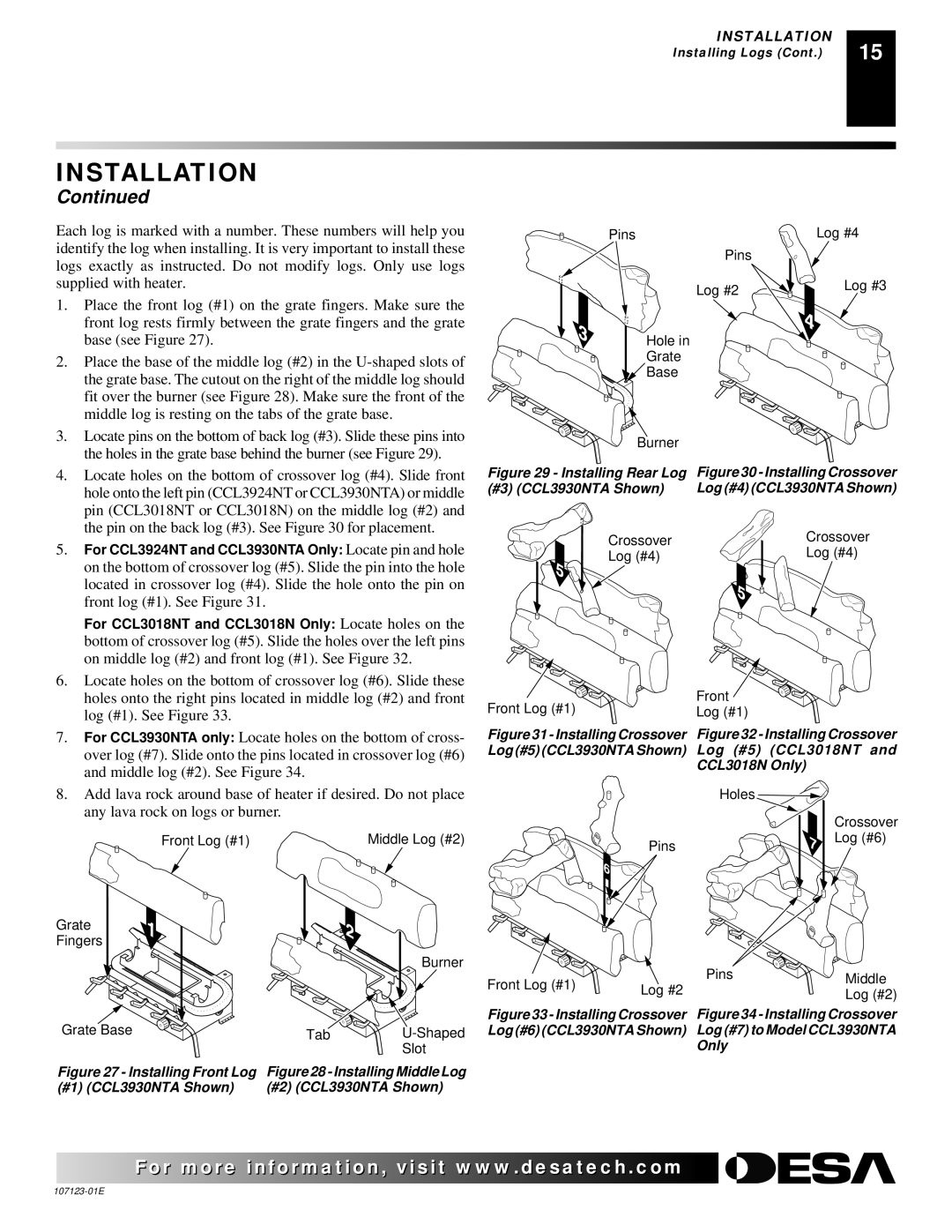 Desa CRL2718N, CRL3124N, CCL3018NT, CGD3924NT, CGD3018NT, CCL3924N installation manual Installing Rear Log 