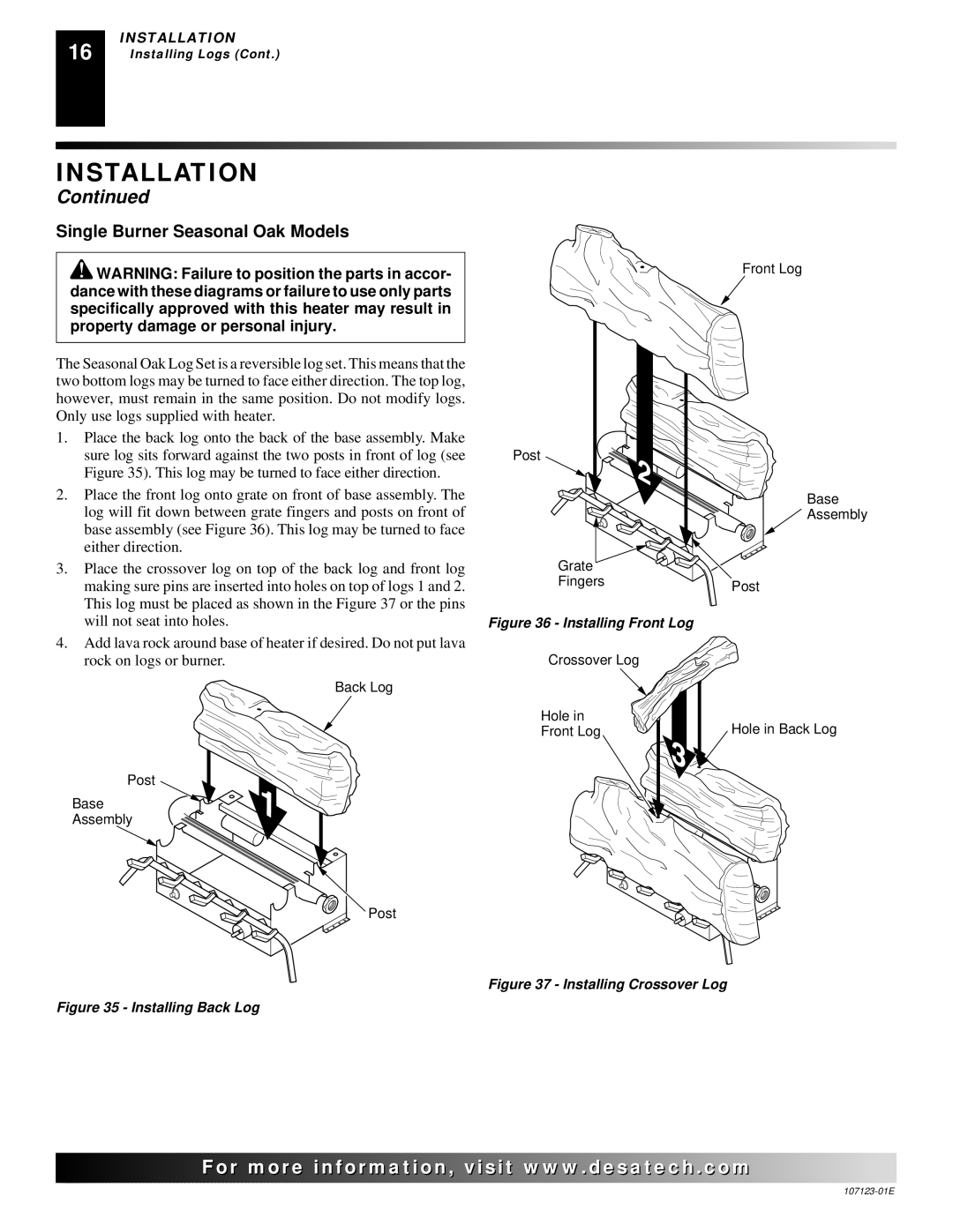 Desa CCL3018NT, CRL3124N, CRL2718N, CGD3924NT, CGD3018NT, CCL3924N Single Burner Seasonal Oak Models, Installing Crossover Log 