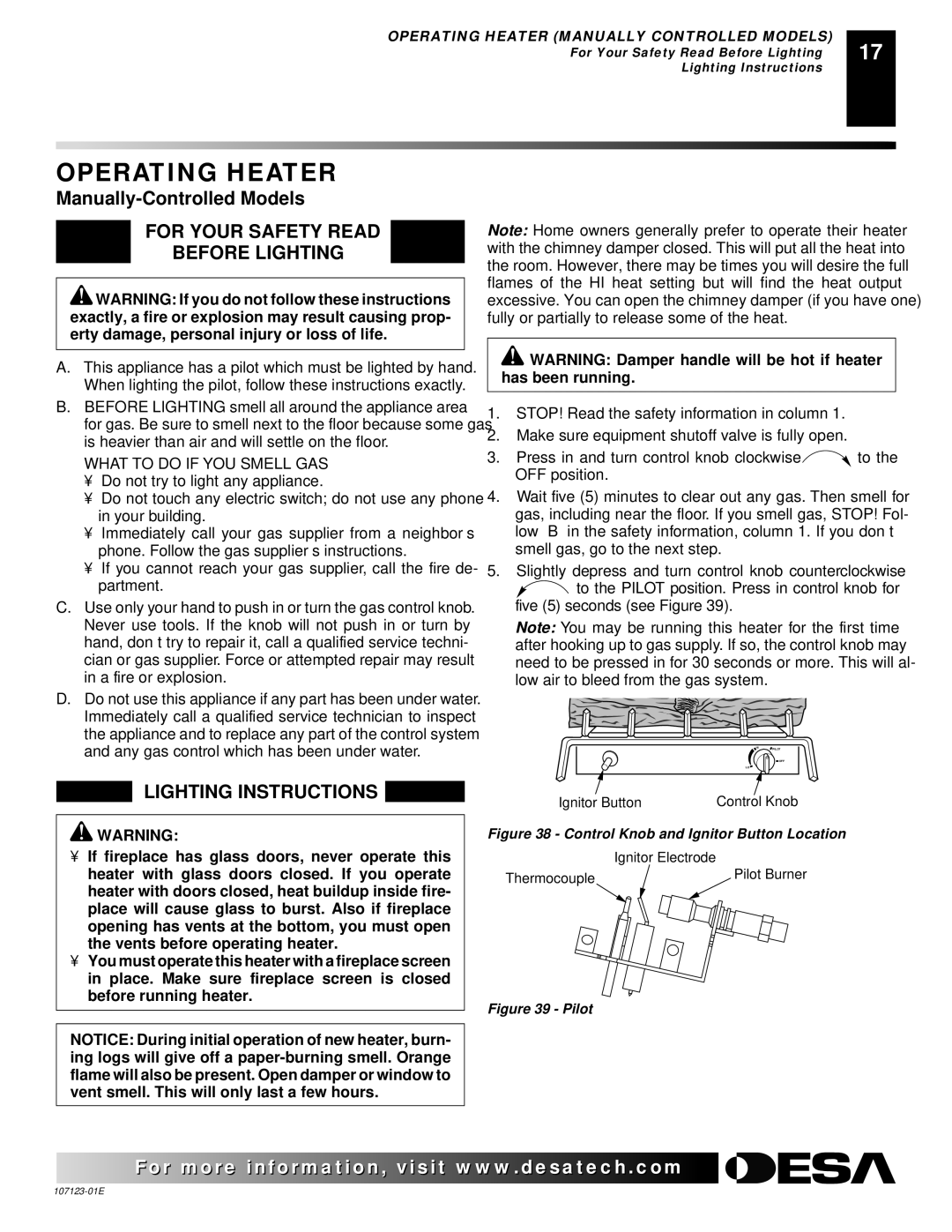 Desa CRL3124N, CRL2718N, CCL3018NT Operating Heater, For Your Safety Read Before Lighting, Lighting Instructions 