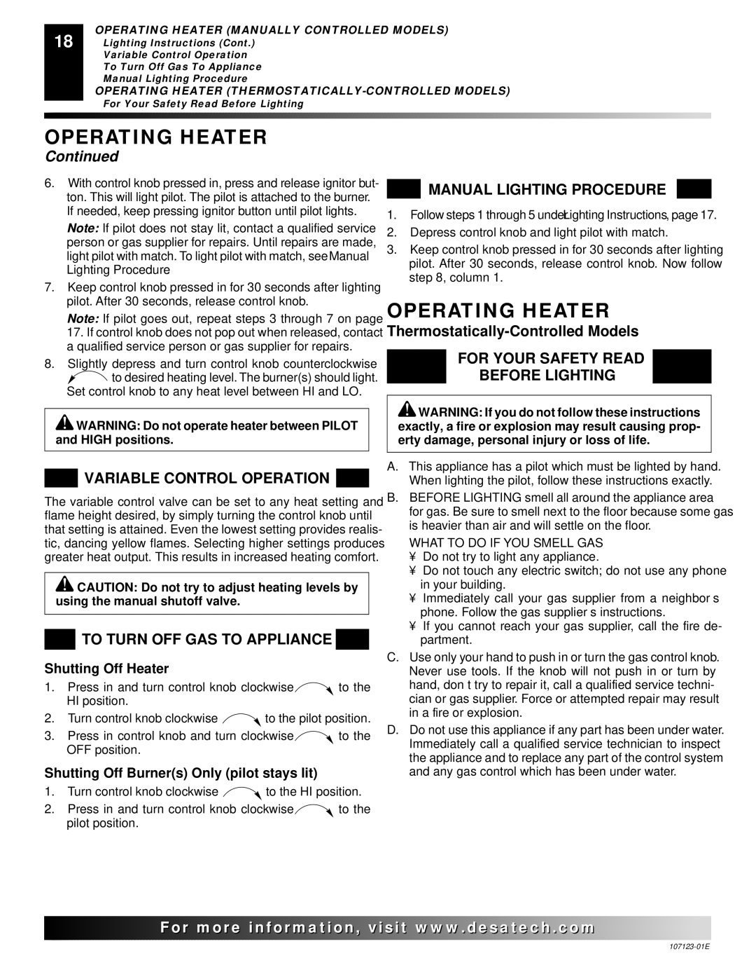 Desa CGD3924NT Variable Control Operation, To Turn OFF GAS to Appliance, Manual Lighting Procedure, Shutting Off Heater 