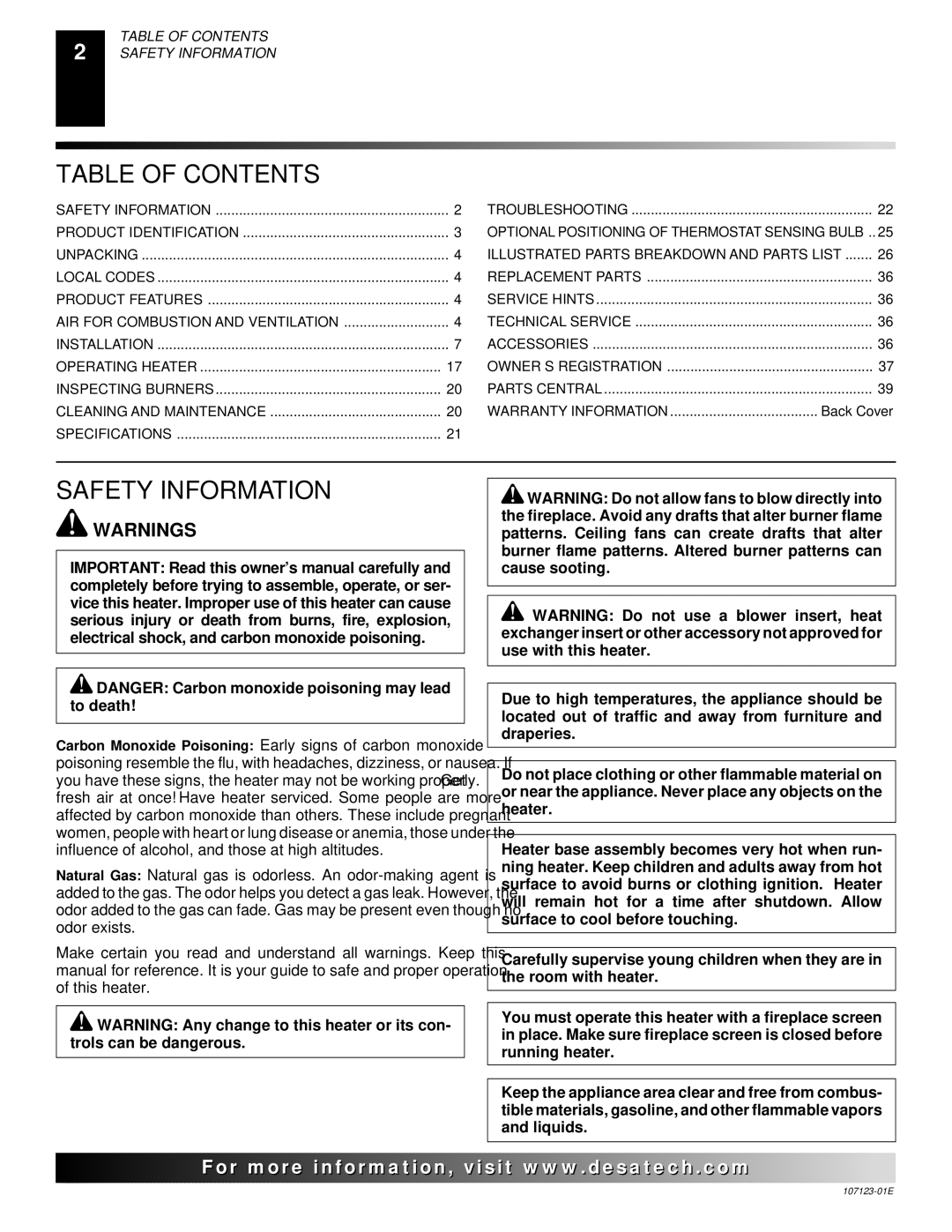 Desa CCL3018NT, CRL3124N, CRL2718N, CGD3924NT, CGD3018NT, CCL3924N installation manual Table of Contents, Safety Information 