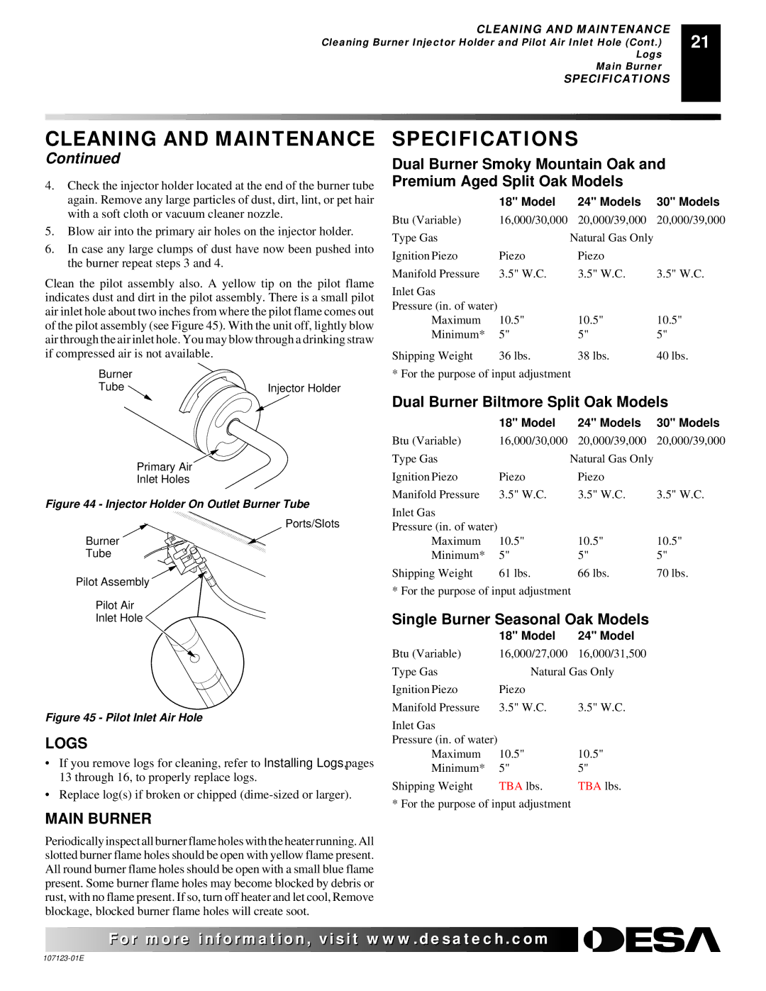 Desa CRL3124N, CRL2718N, CCL3018NT, CGD3924NT, CGD3018NT, CCL3924N installation manual Specifications, Logs, Model Models 