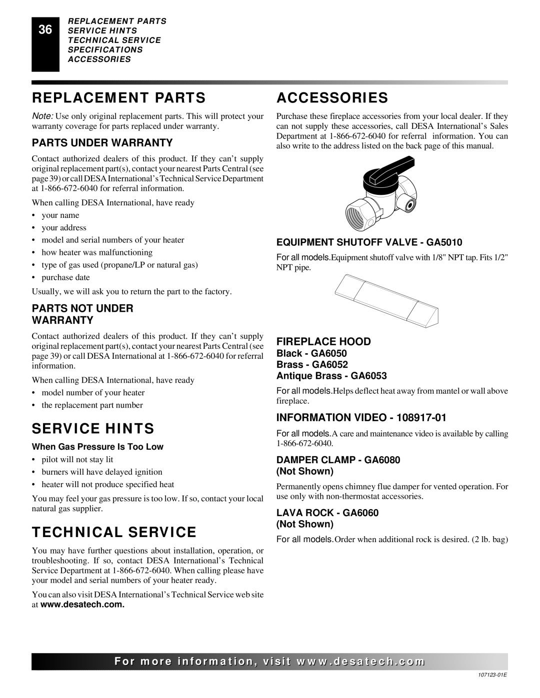 Desa CRL2718N, CRL3124N, CCL3018NT, CGD3924NT, CGD3018NT Replacement Parts, Service Hints, Technical Service, Accessories 