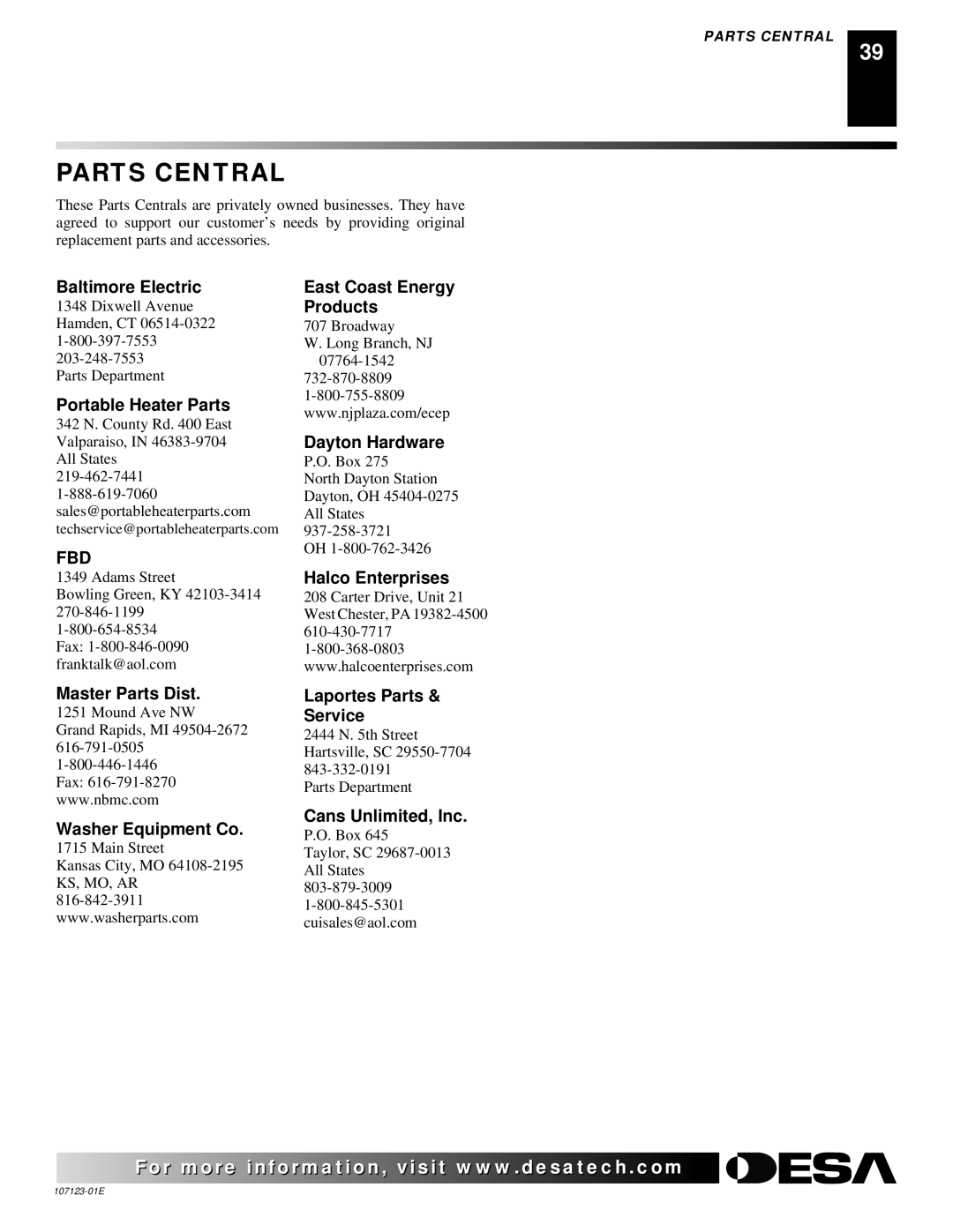 Desa CGD3924NT, CRL3124N, CRL2718N, CCL3018NT, CGD3018NT, CCL3924N installation manual Parts Central 