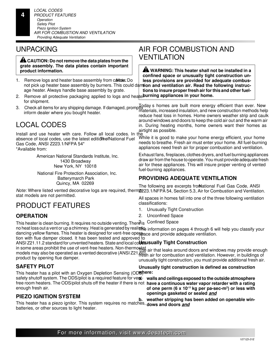 Desa CGD3924NT, CRL3124N, CRL2718N, CCL3018NT Unpacking, Local Codes, Product Features, AIR for Combustion and Ventilation 