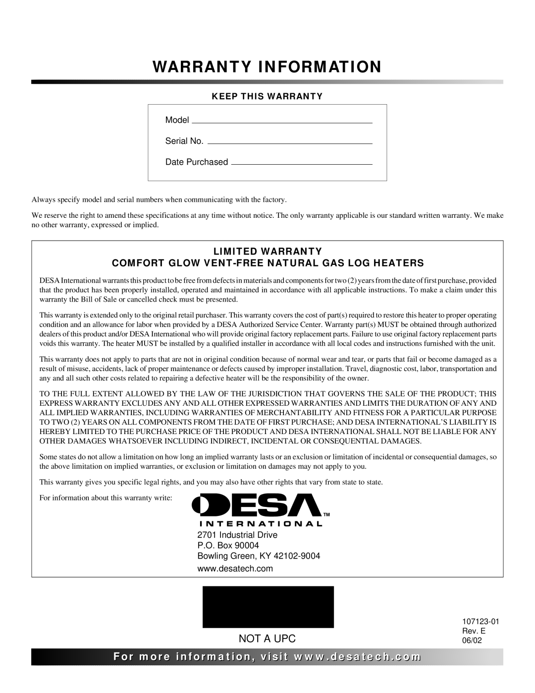 Desa CGD3018NT, CRL3124N, CRL2718N, CCL3018NT, CGD3924NT, CCL3924N installation manual Warranty Information 