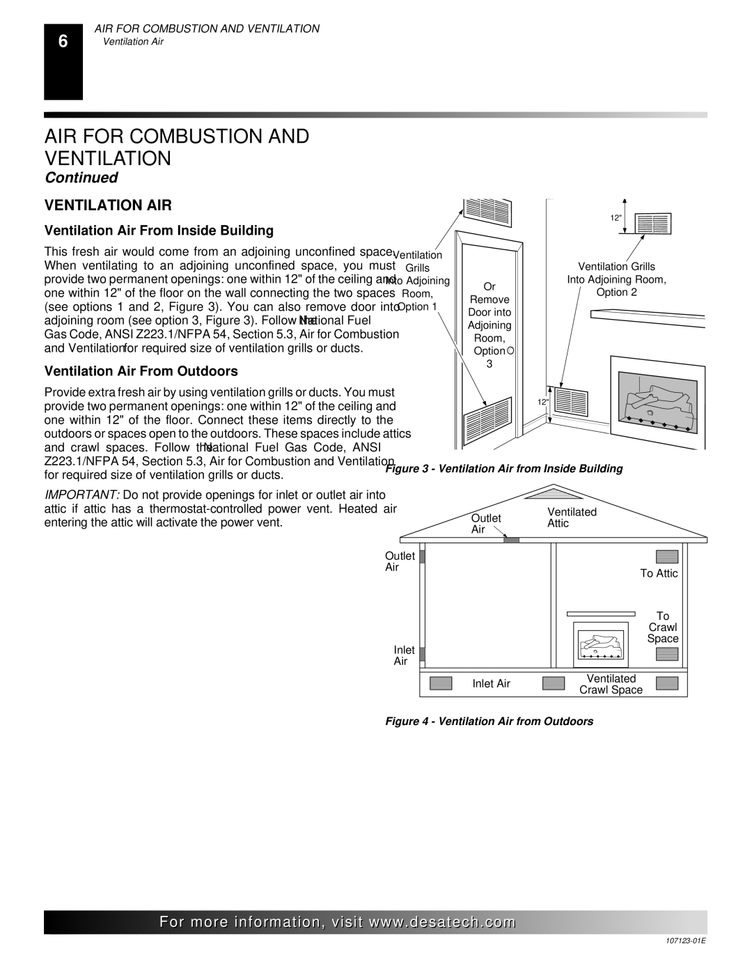 Desa CCL3924N, CRL3124N, CRL2718N Ventilation AIR, Ventilation Air From Inside Building, Ventilation Air From Outdoors 