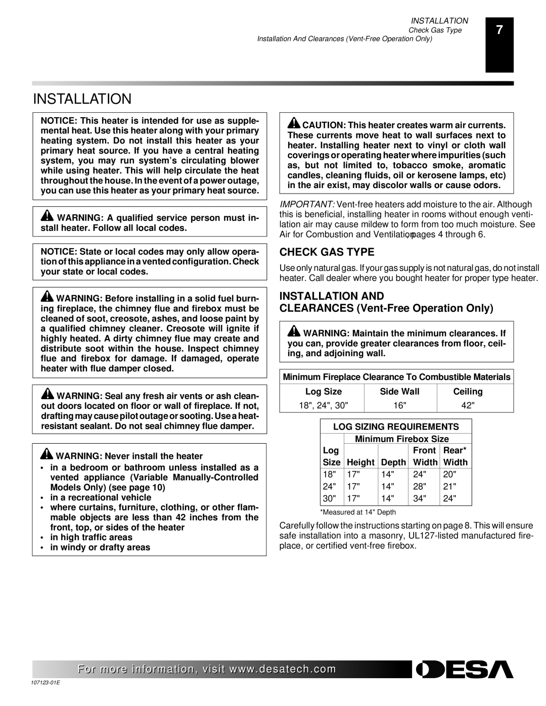 Desa CRL3124N, CRL2718N, CCL3018NT Installation, Check GAS Type, Minimum Firebox Size Log Front Rear Height Depth Width 