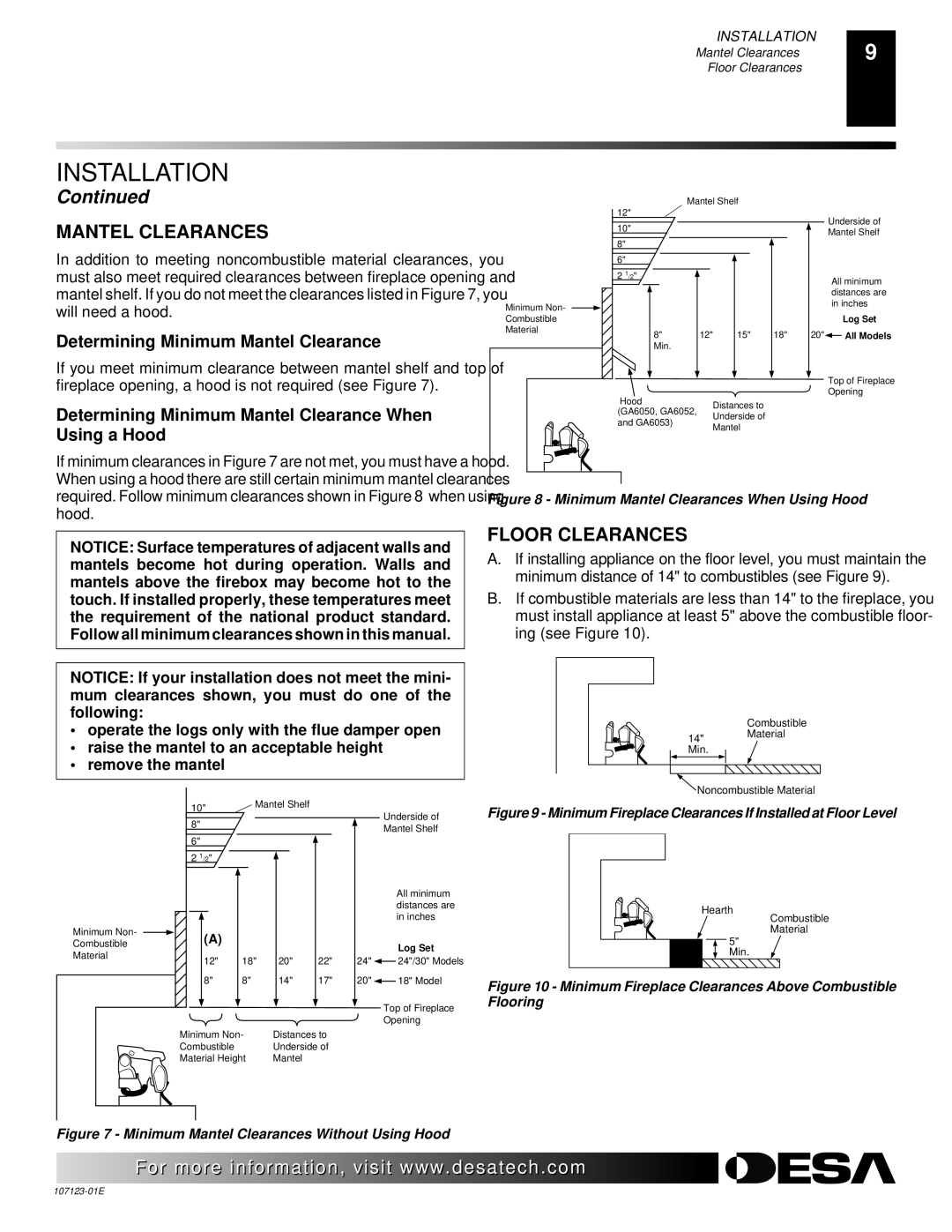 Desa CCL3018NT, CRL3124N, CRL2718N, CGD3924NT Mantel Clearances, Floor Clearances, Determining Minimum Mantel Clearance 