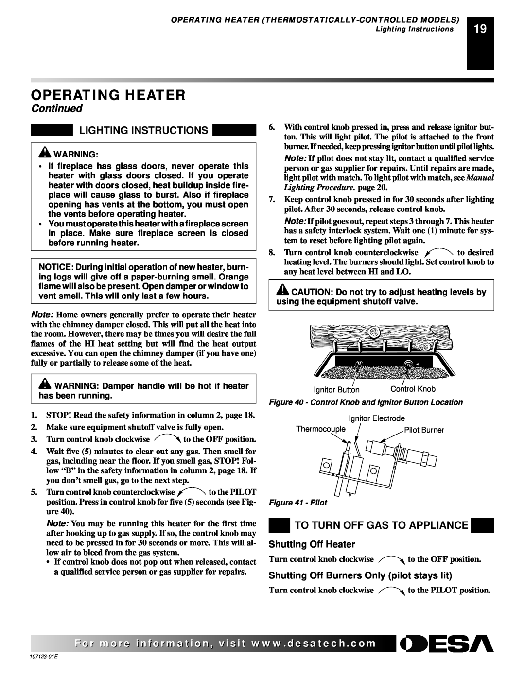 Desa CGD3018NT, CRL3124N, CRL2718N Operating Heater, Continued, Lighting Instructions, To Turn Off Gas To Appliance 