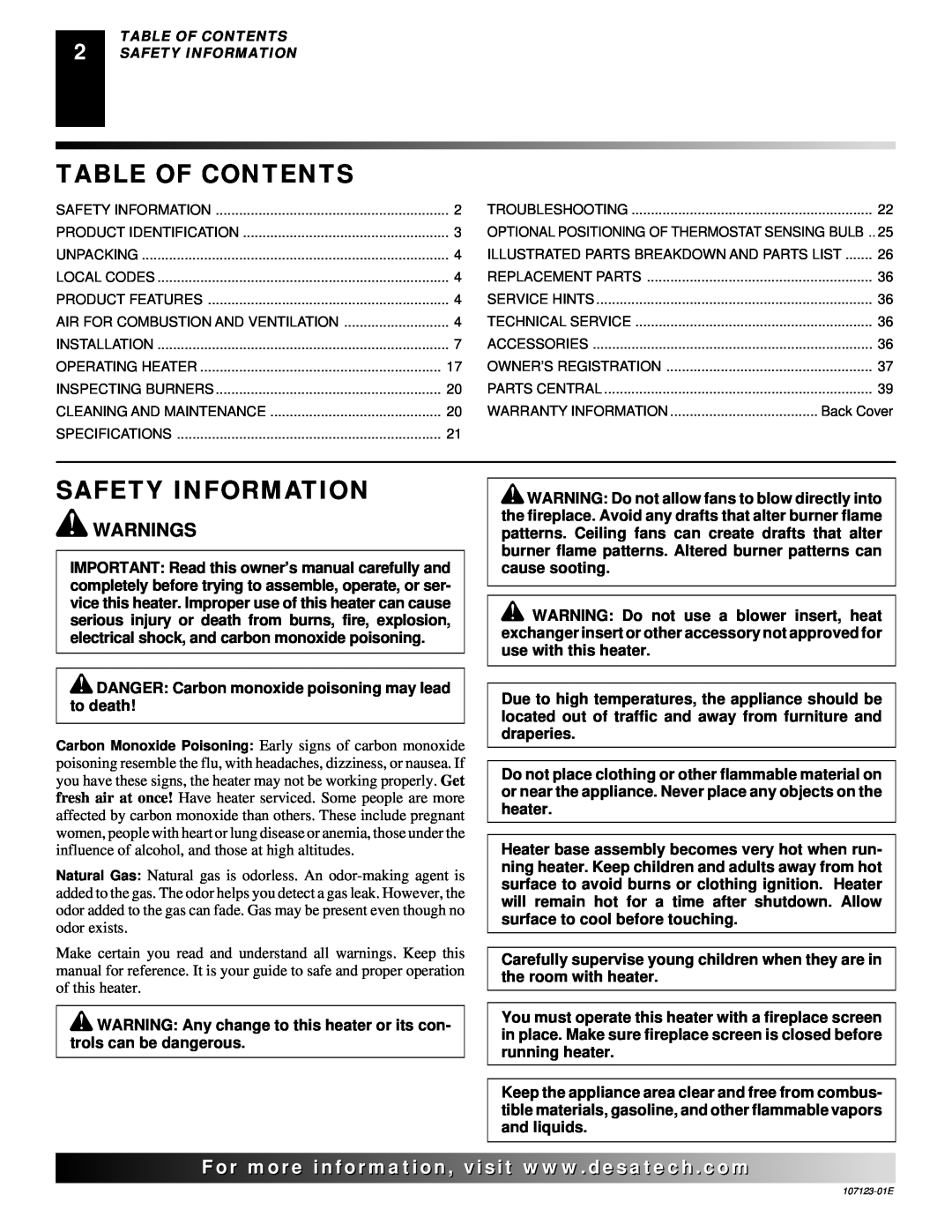 Desa CCL3018NT, CRL3124N, CRL2718N, CGD3924NT, CGD3018NT, CCL3924N Table Of Contents, Safety Information, Warnings 