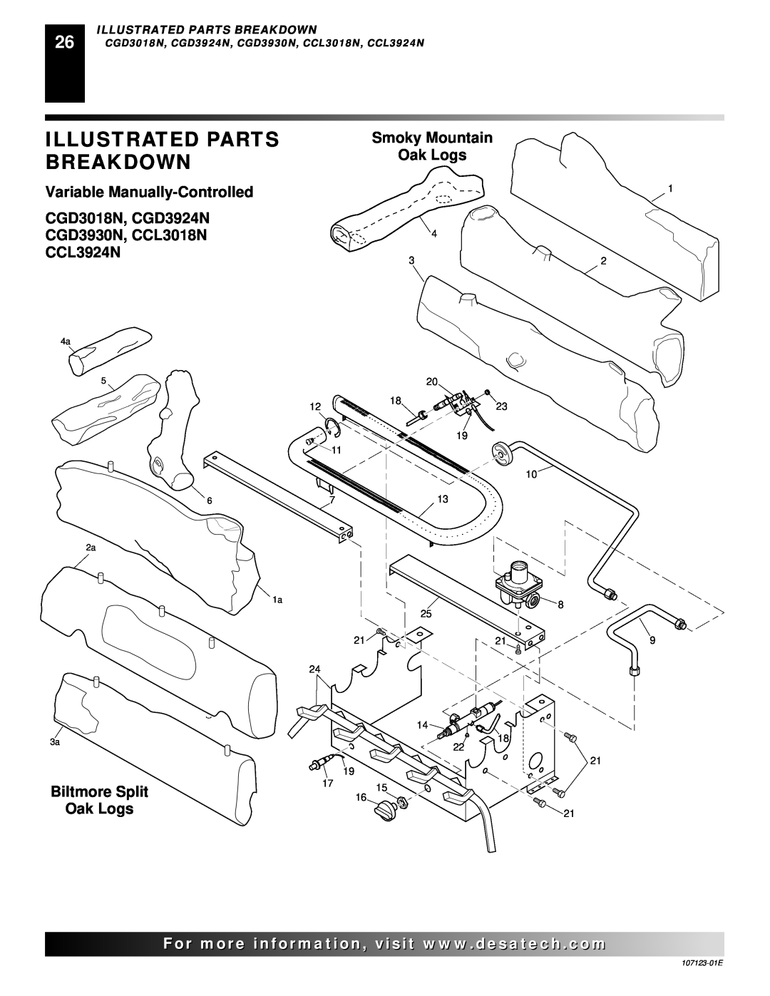 Desa CGD3018NT Illustrated Parts, Breakdown, Smoky Mountain, Oak Logs, Variable Manually-Controlled, CGD3018N, CGD3924N 