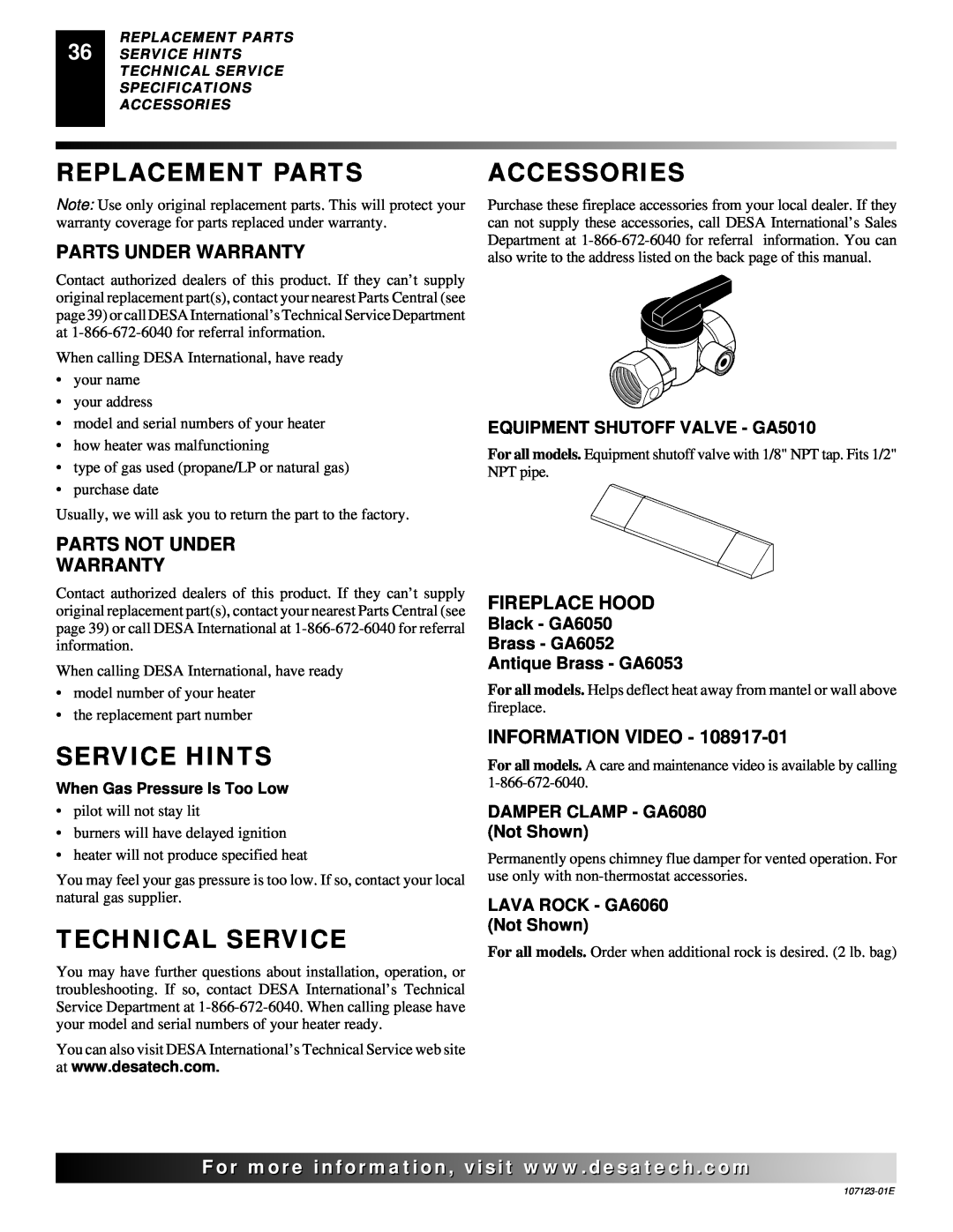 Desa CRL2718N Replacement Parts, Service Hints, Technical Service, Accessories, Parts Under Warranty, Fireplace Hood 