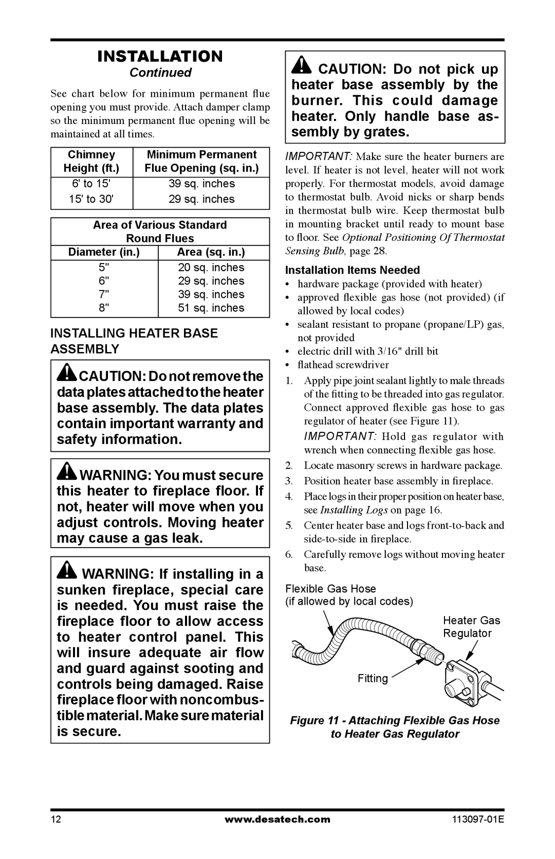 Desa CCL3018PTA/NTA Installing Heater Base Assembly, Chimney Minimum Permanent, Area of Various Standard Round Flues 