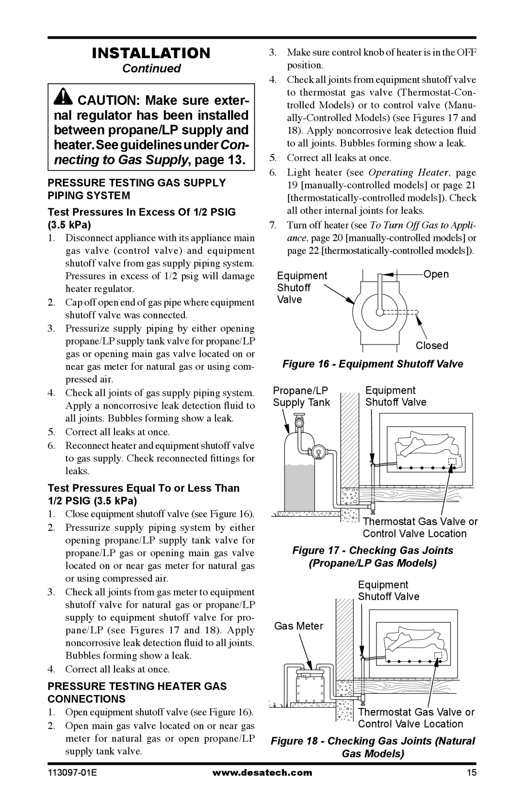 Desa CCL3018PA/NA, CRL3124PA/NA Test Pressures Equal To or Less Than Psig 3.5 kPa, Pressure Testing Heater Gas Connections 