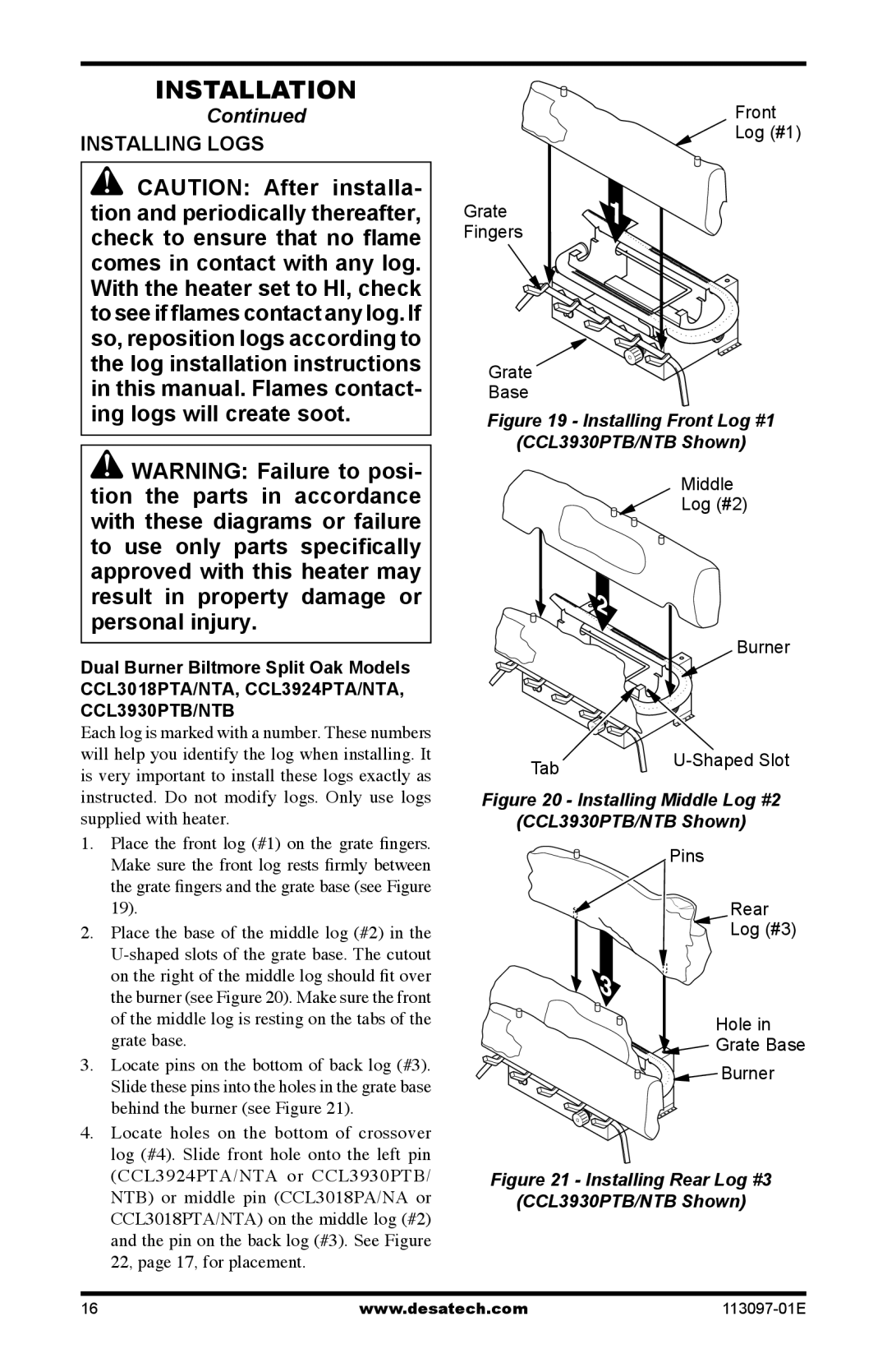 Desa CCL3930PTB/NTB, CRL3124PA/NA, CCL3018PA/NA, CCL3924PTA/NTA, CCL3924PA/NA, CCL3018PTA/NTA, RL2718PA/NA Installing Logs 