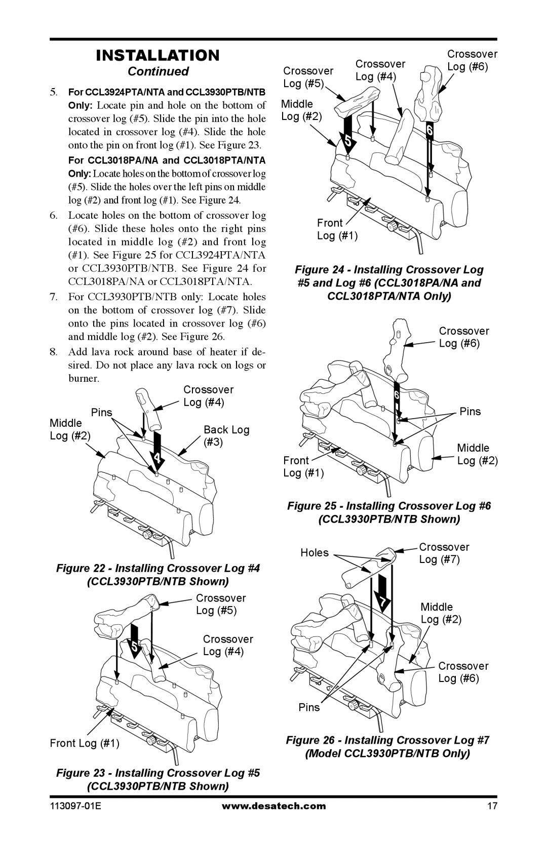 Desa CCL3924PTA/NTA, CRL3124PA/NA, CCL3018PA/NA, CCL3924PA/NA, RL2718PA/NA Installing Crossover Log #4 CCL3930PTB/NTB Shown 