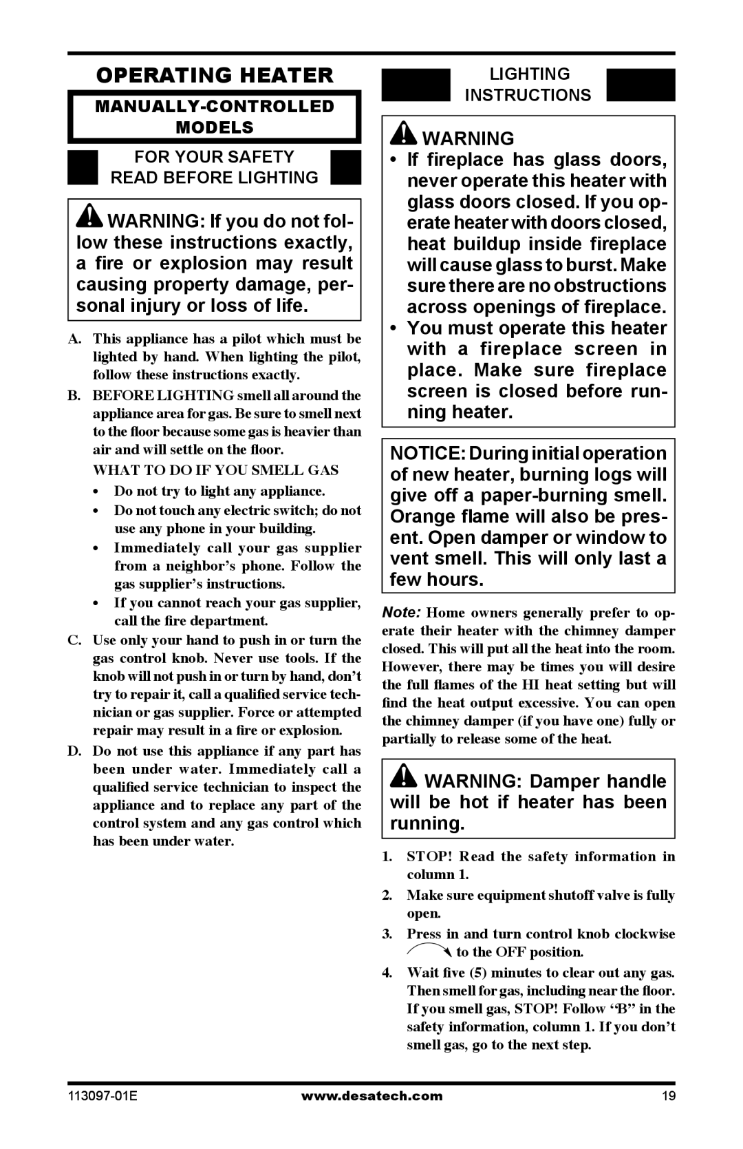 Desa CCL3018PTA/NTA, CRL3124PA/NA Operating Heater, Manually-Controlled Models, For Your Safety Read Before LIGHTING  