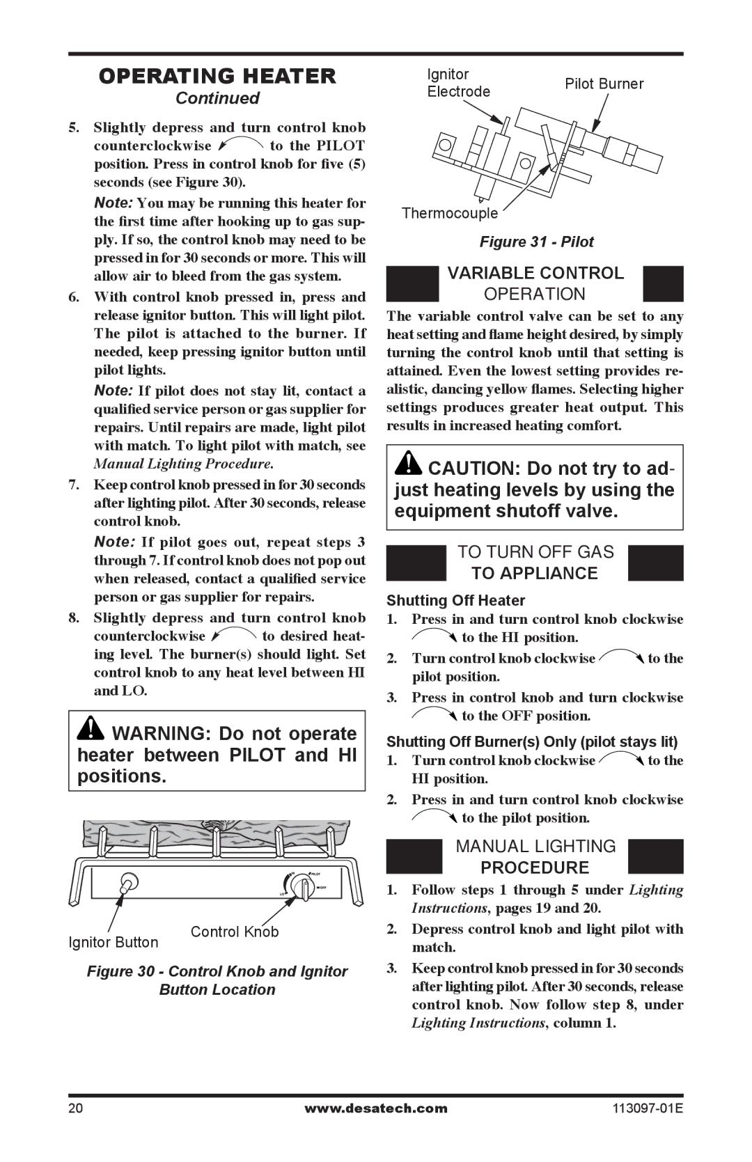 Desa RL2718PA/NA Operating Heater,  VARIABLE Control Operation,  TO Turn OFF GAS To Appliance,  MANUAL Lighting Procedure 