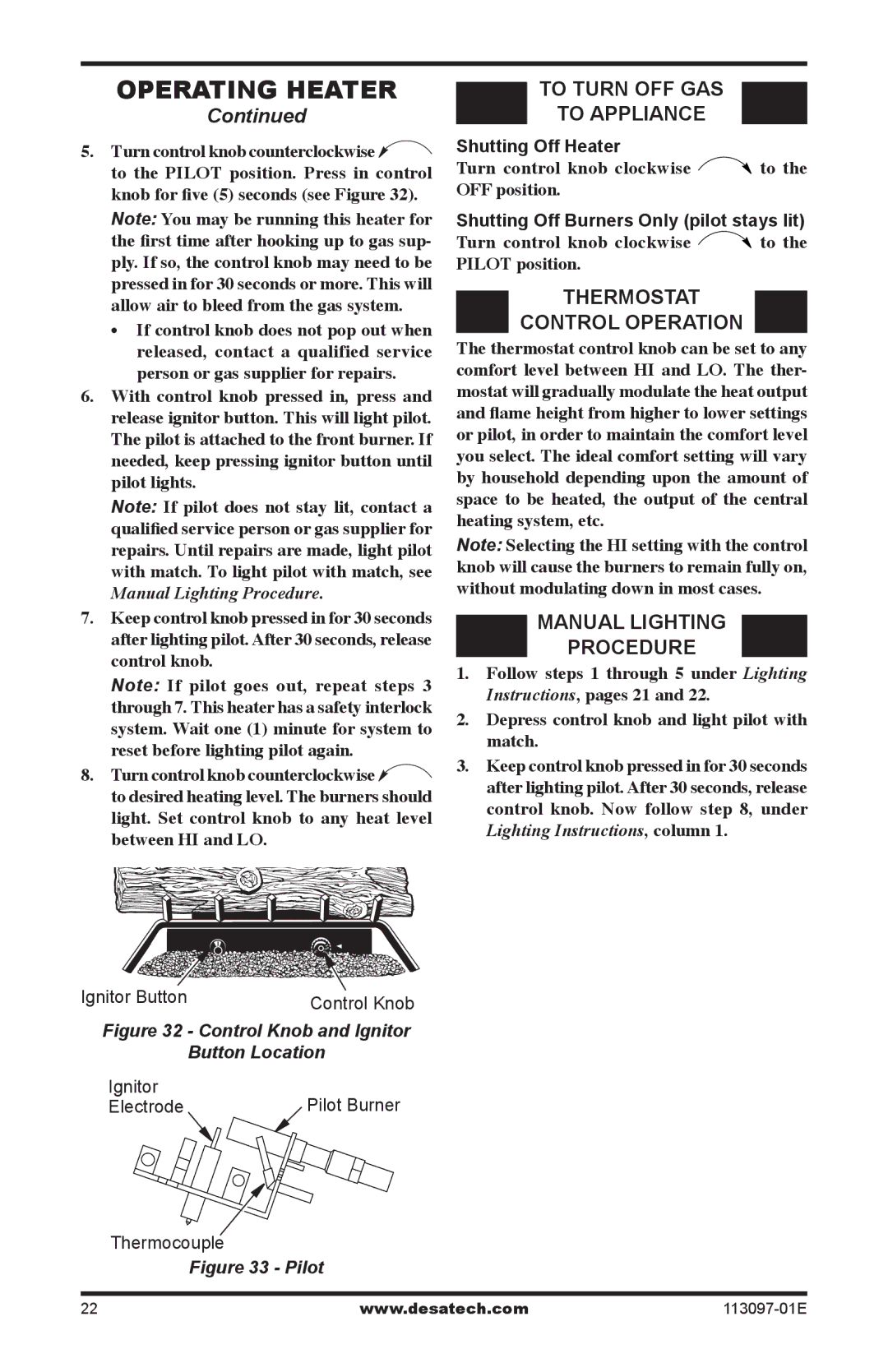 Desa CCL3018PA/NA, CRL3124PA/NA To Turn OFF GAS To Appliance, Thermostat Control Operation, Manual Lighting Procedure 